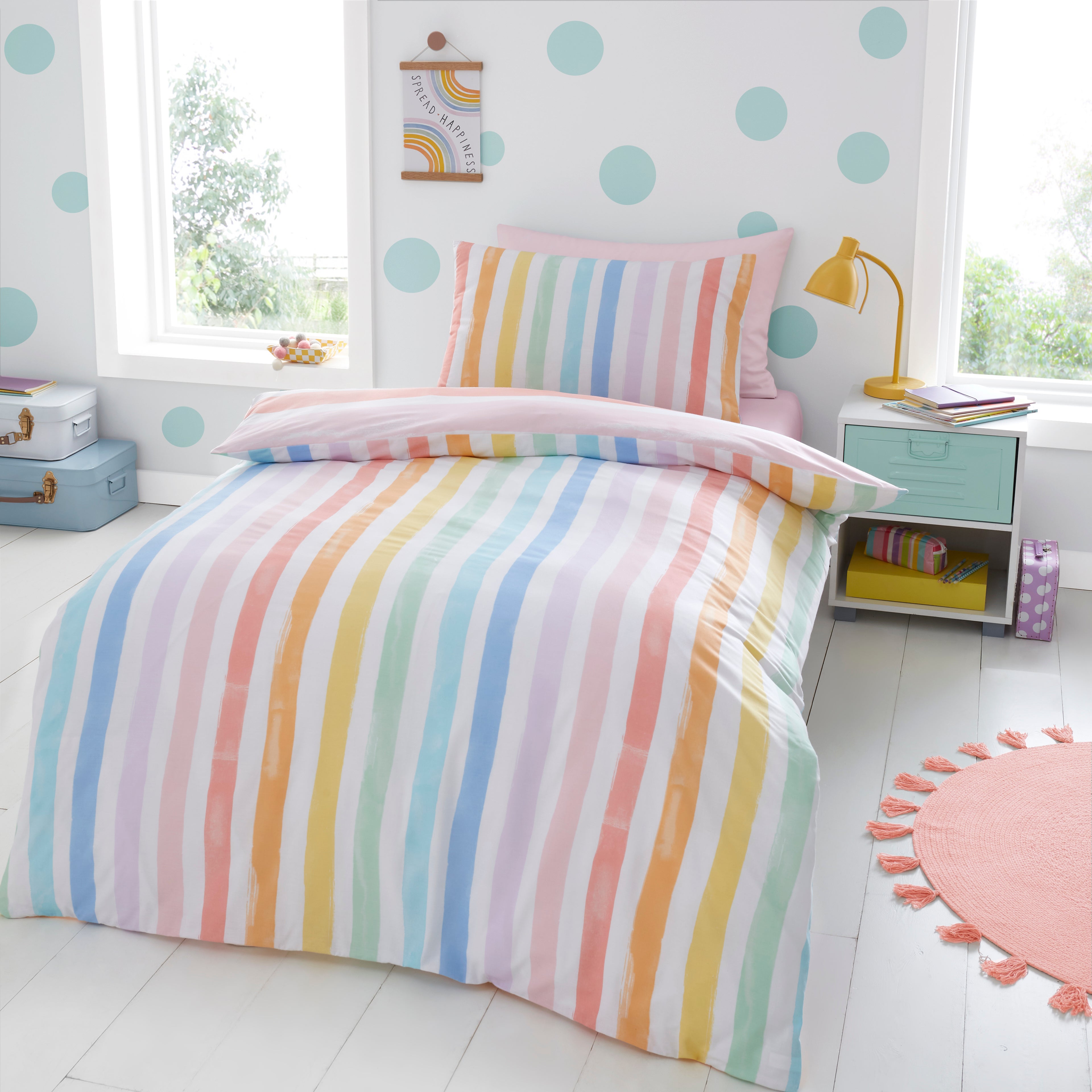 Rainbow Watercolour Stripe Duvet Cover Pillowcase Set Multicoloured