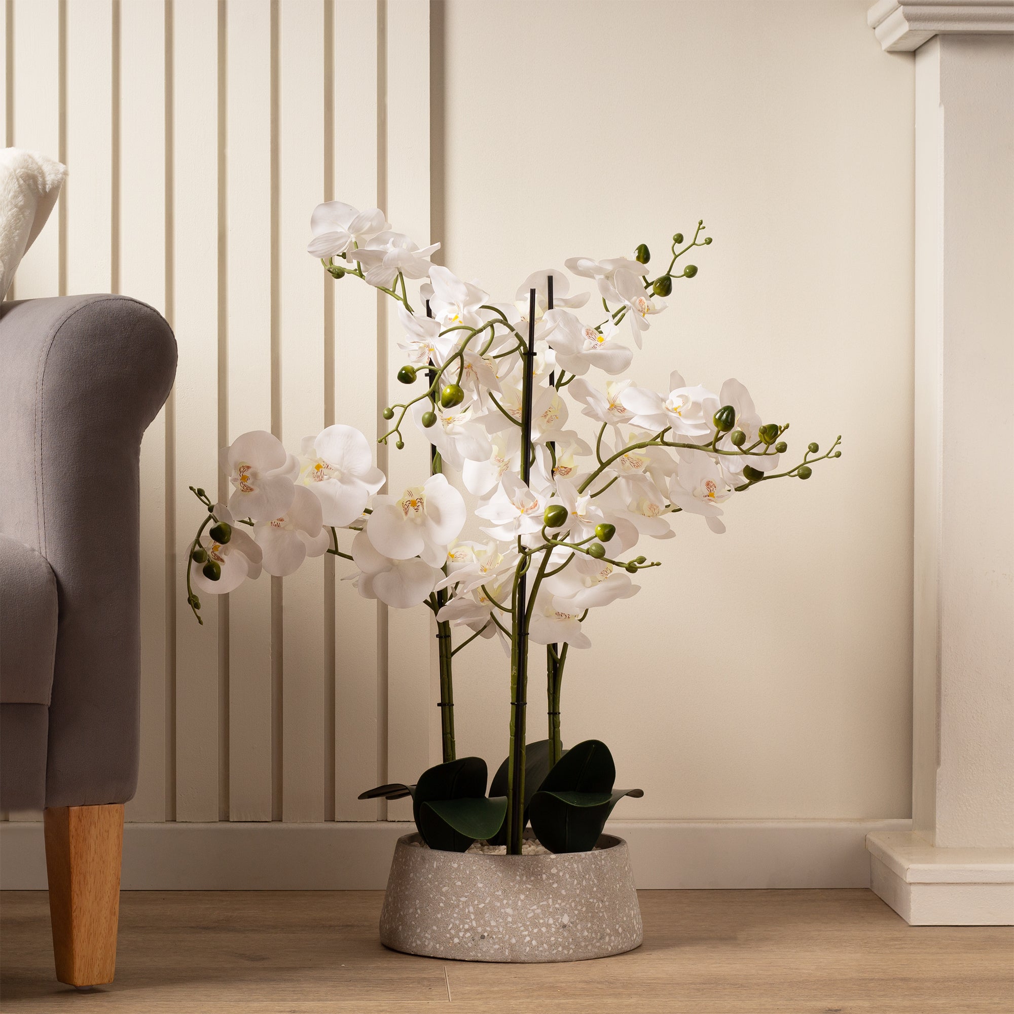 Artificial White Orchid in Grey Terrazzo Plant Pot