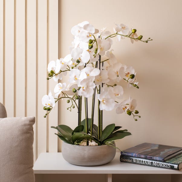 Artificial White Orchid in Grey Ceramic Plant Pot image 1 of 4
