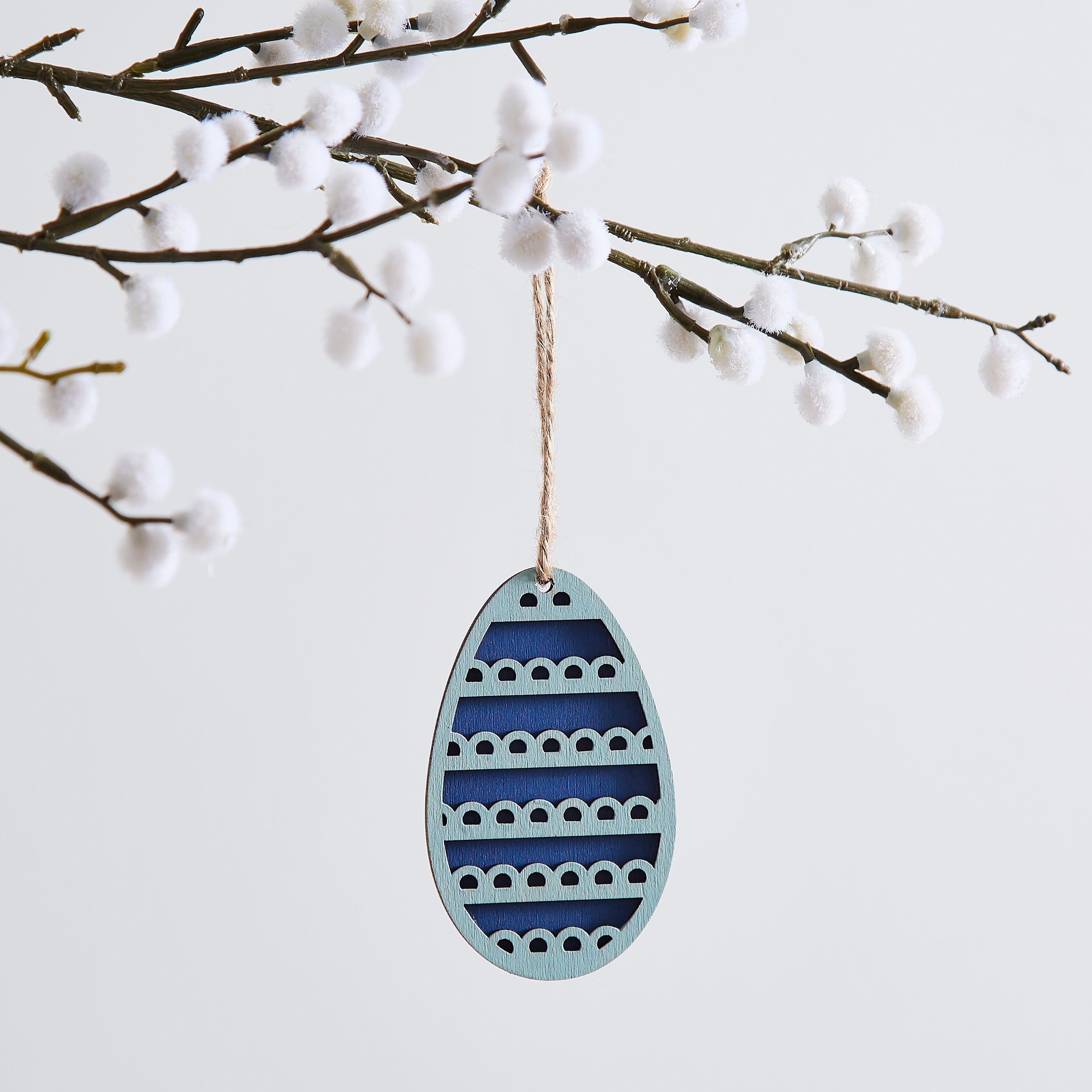 Wooden 3d Effect Blue Egg Ornament Multicoloured