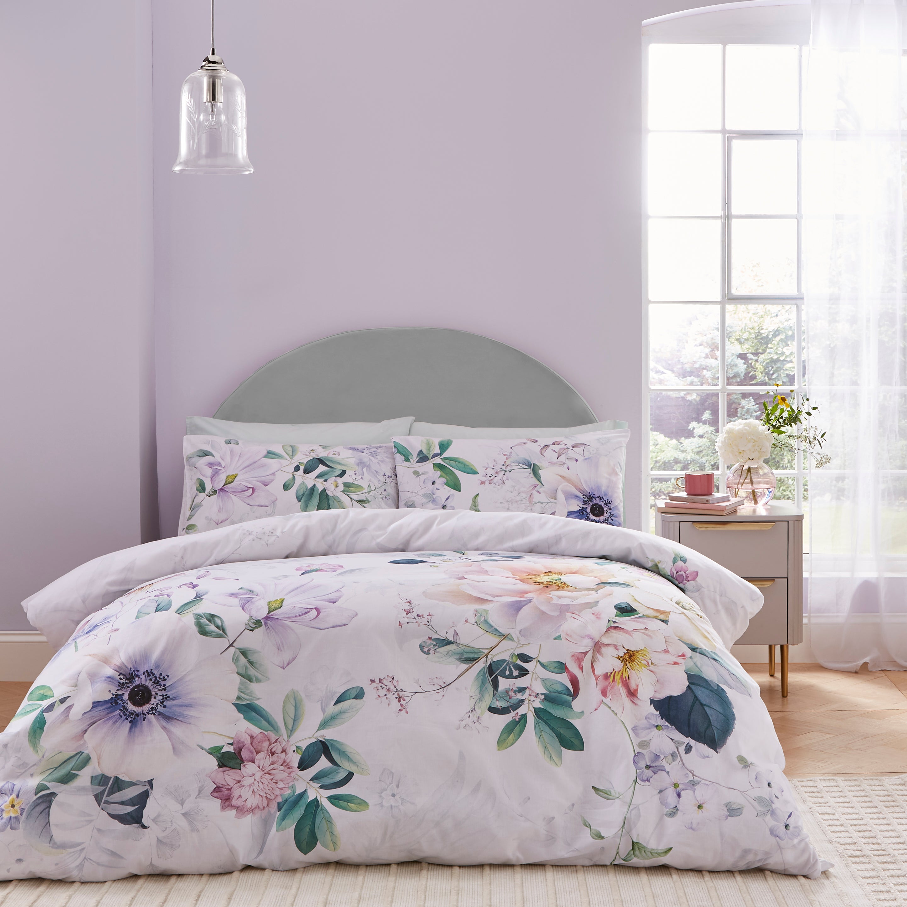 Tansy Floral Cotton Sateen Duvet Cover Set Off White