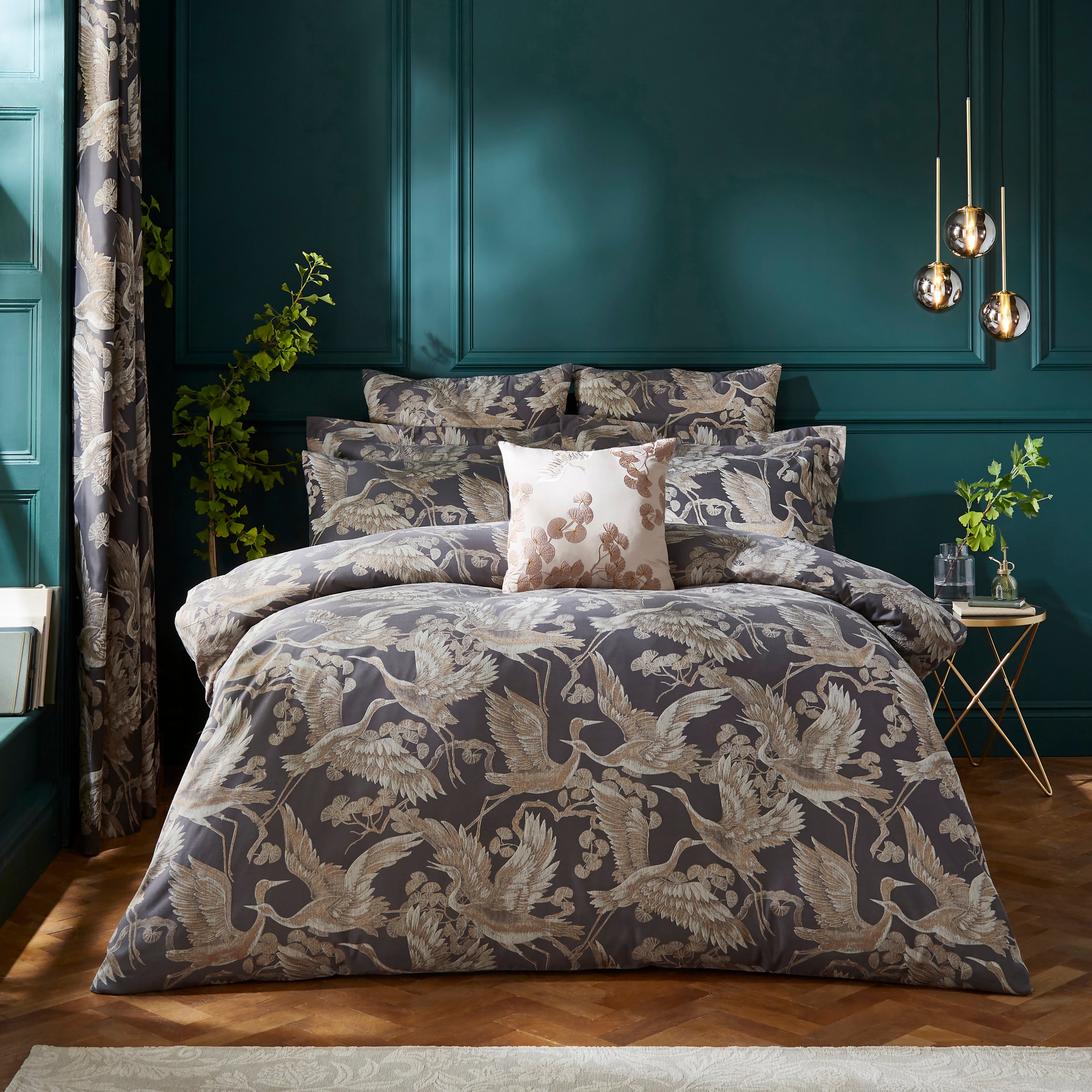 Dorma Gilded Crane 100 Cotton Duvet Cover Pillowcase Set Charcoal