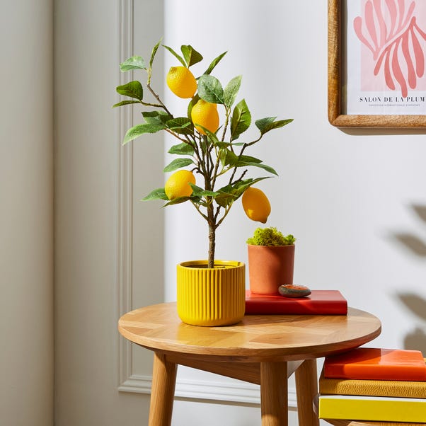 Artificial Lemon Tree in Yellow Ribbed Plant Pot image 1 of 3