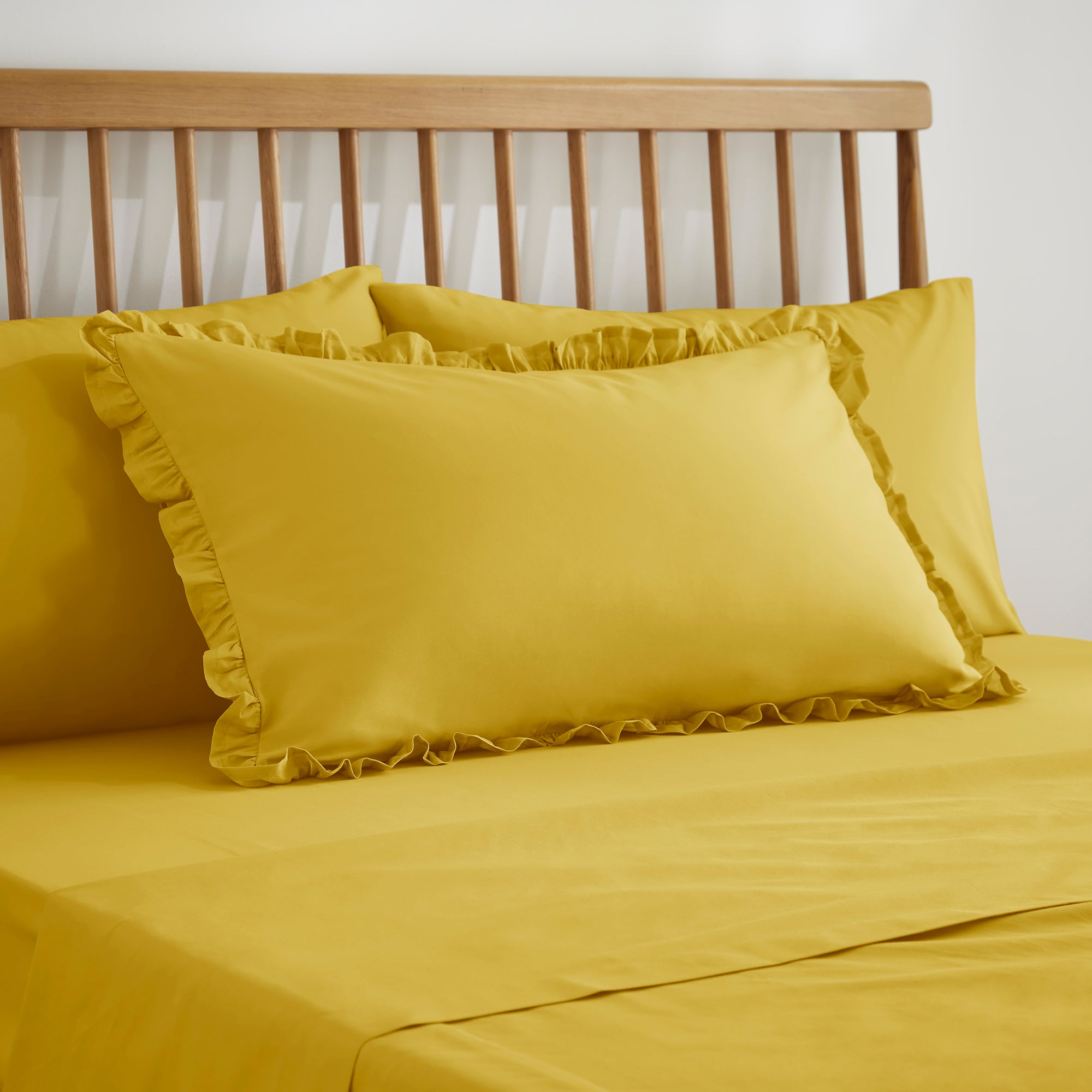 Pure Cotton Plain Dye Frilled Pillowcase Yellow Ochre