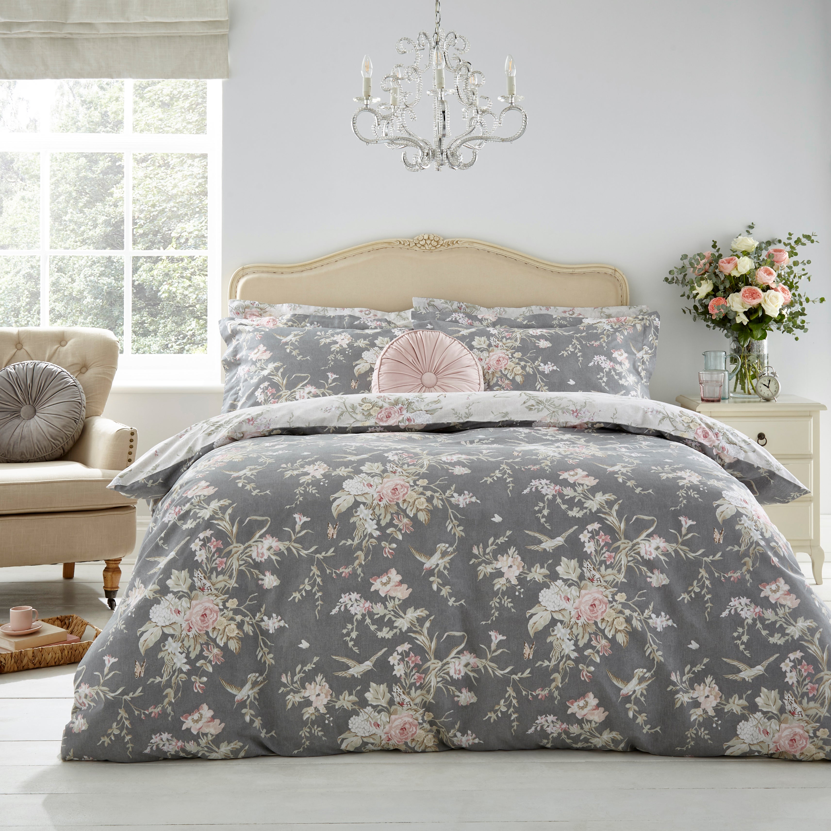 Annella Grey Floral Cotton Duvet Set