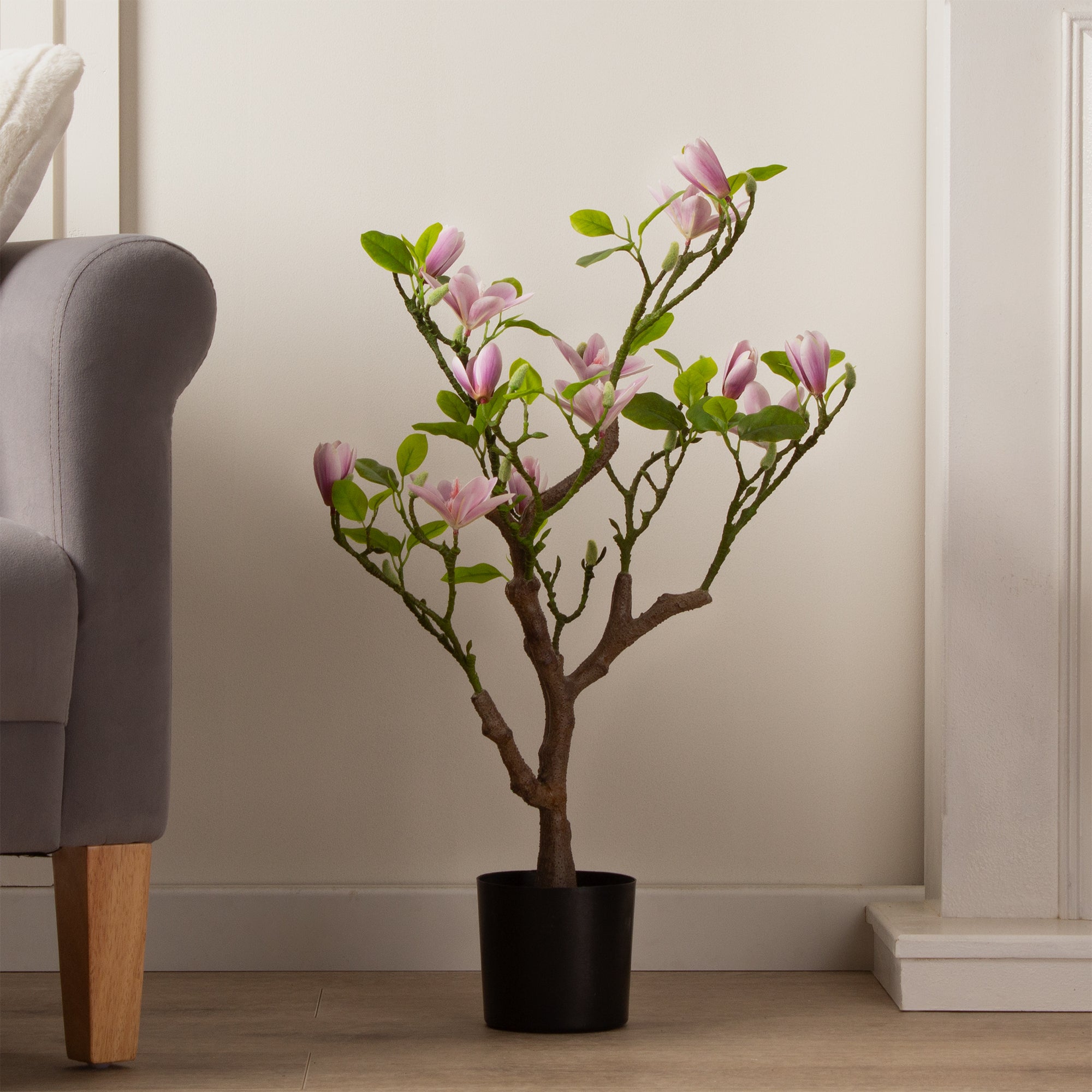 Artificial Pink Magnolia Tree in Black Plant Pot