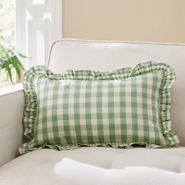 Frilled Gingham Cushion Green image 1 of 5