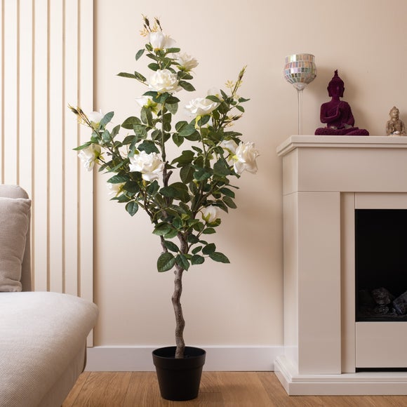 Click to view product details and reviews for Artificial White Rose Tree In Black Plant Pot.