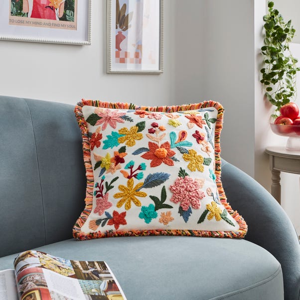 Embroidered Floral Chenille Square Cushion image 1 of 6