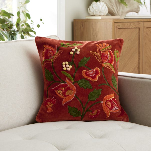 Embroidered Floral Velvet Cushion image 1 of 6