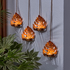 Set of 4 Hanging Gold Leaf Outdoor LED Tealights