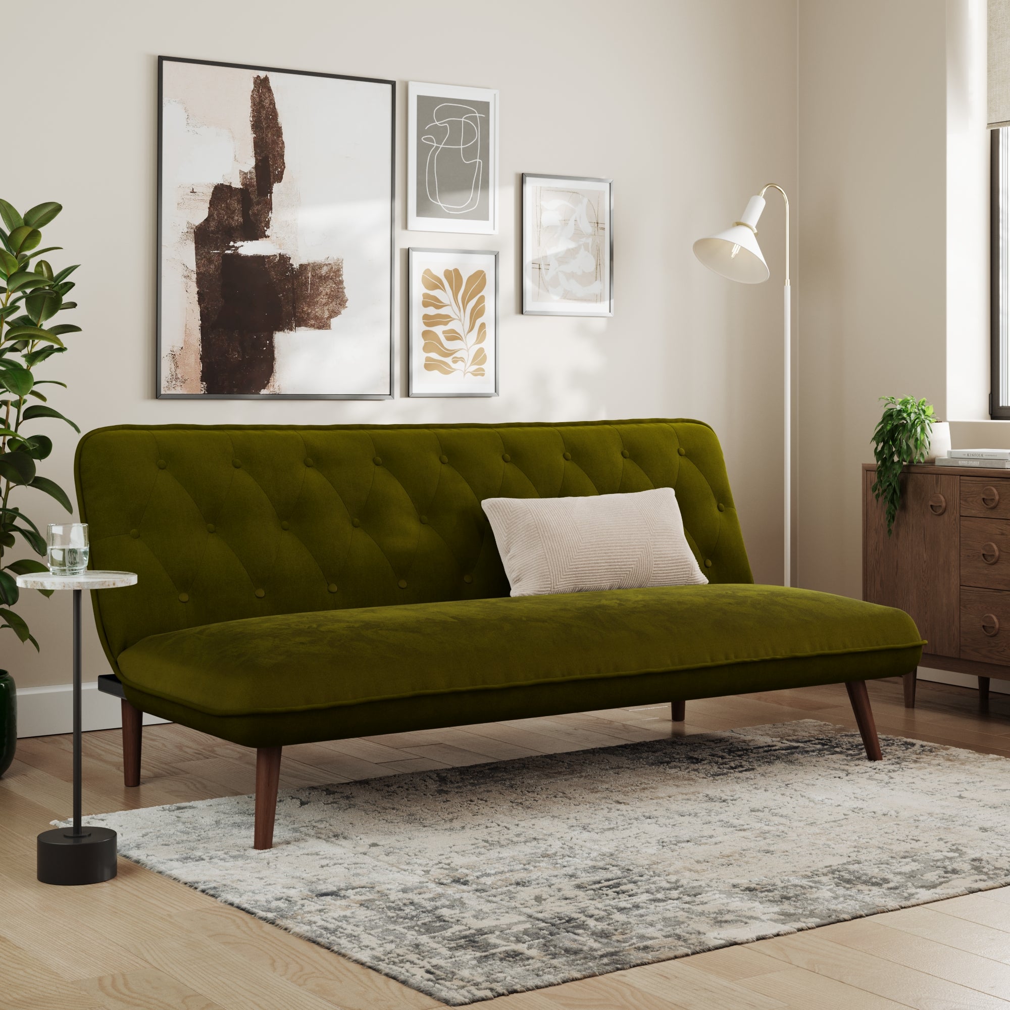 Rosie Buttoned Velvet Double Sofa Bed Olive