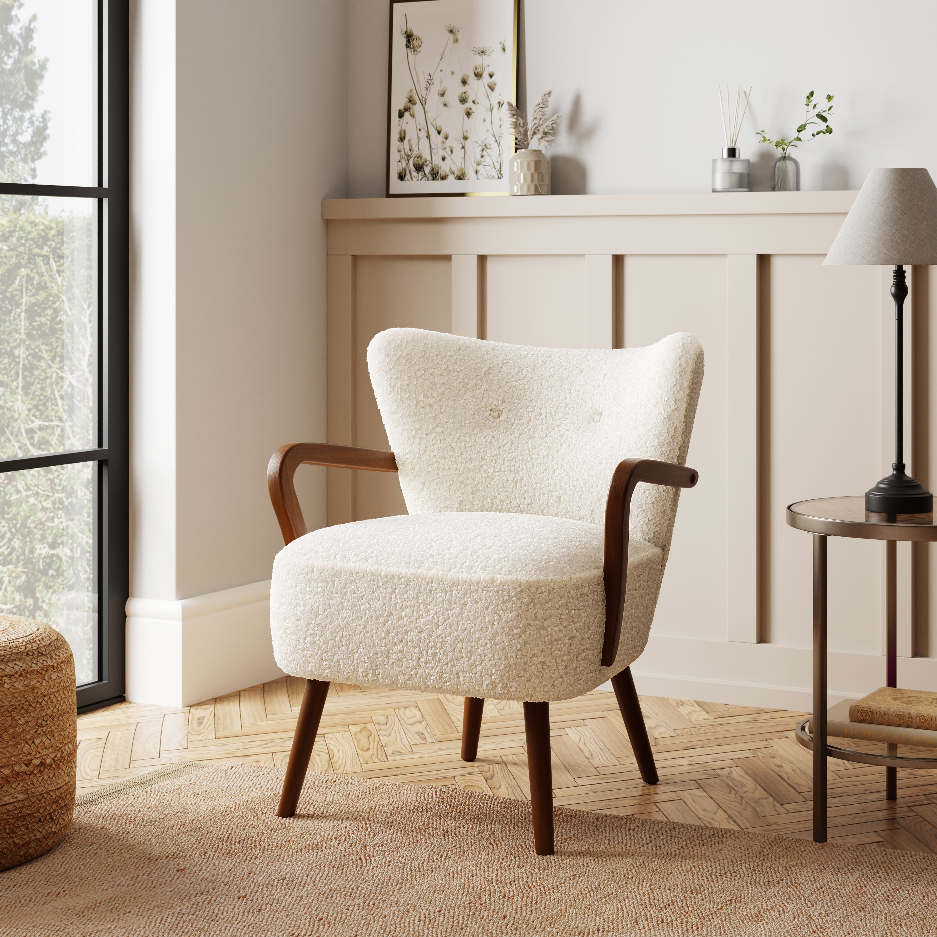 Eliza Wooden Boucle Armchair Ivory White