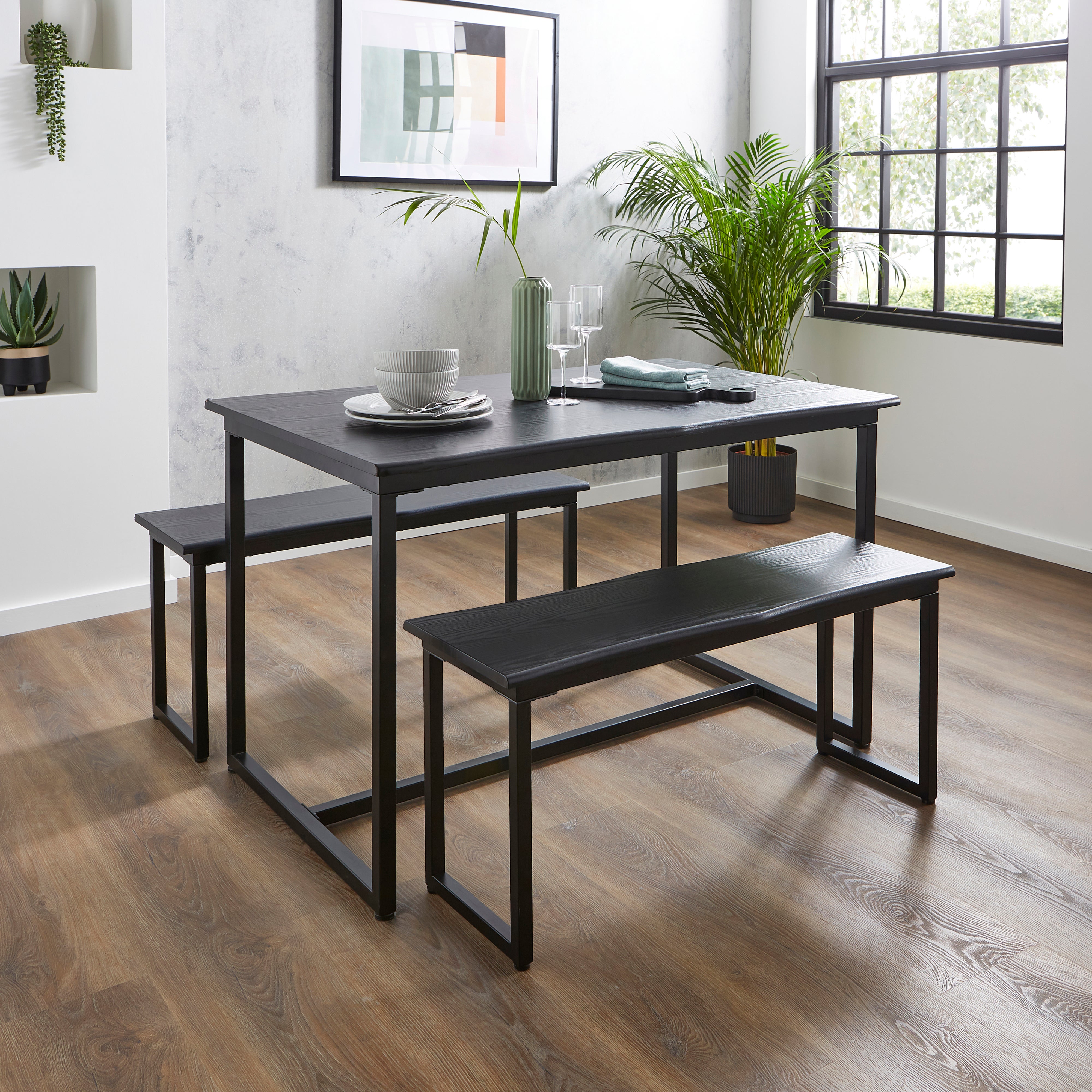 Ronan Wave Edge Dining Table And Bench Set Black