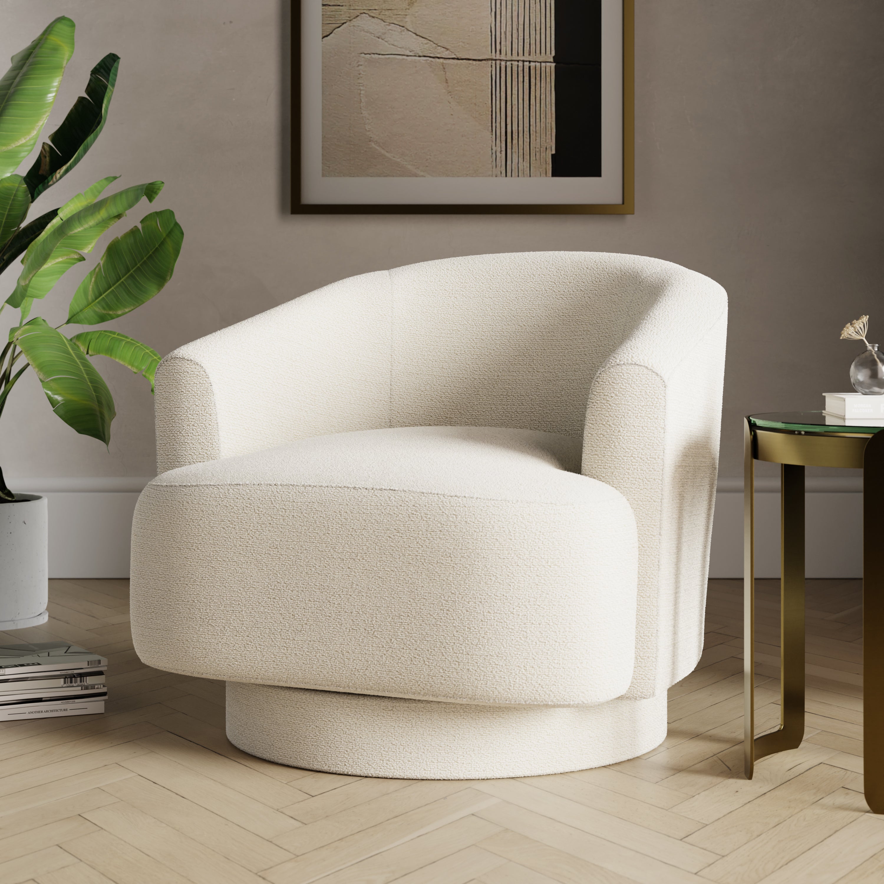 Carmen Curved Chunky Chenille Swivel Chair Ivory White
