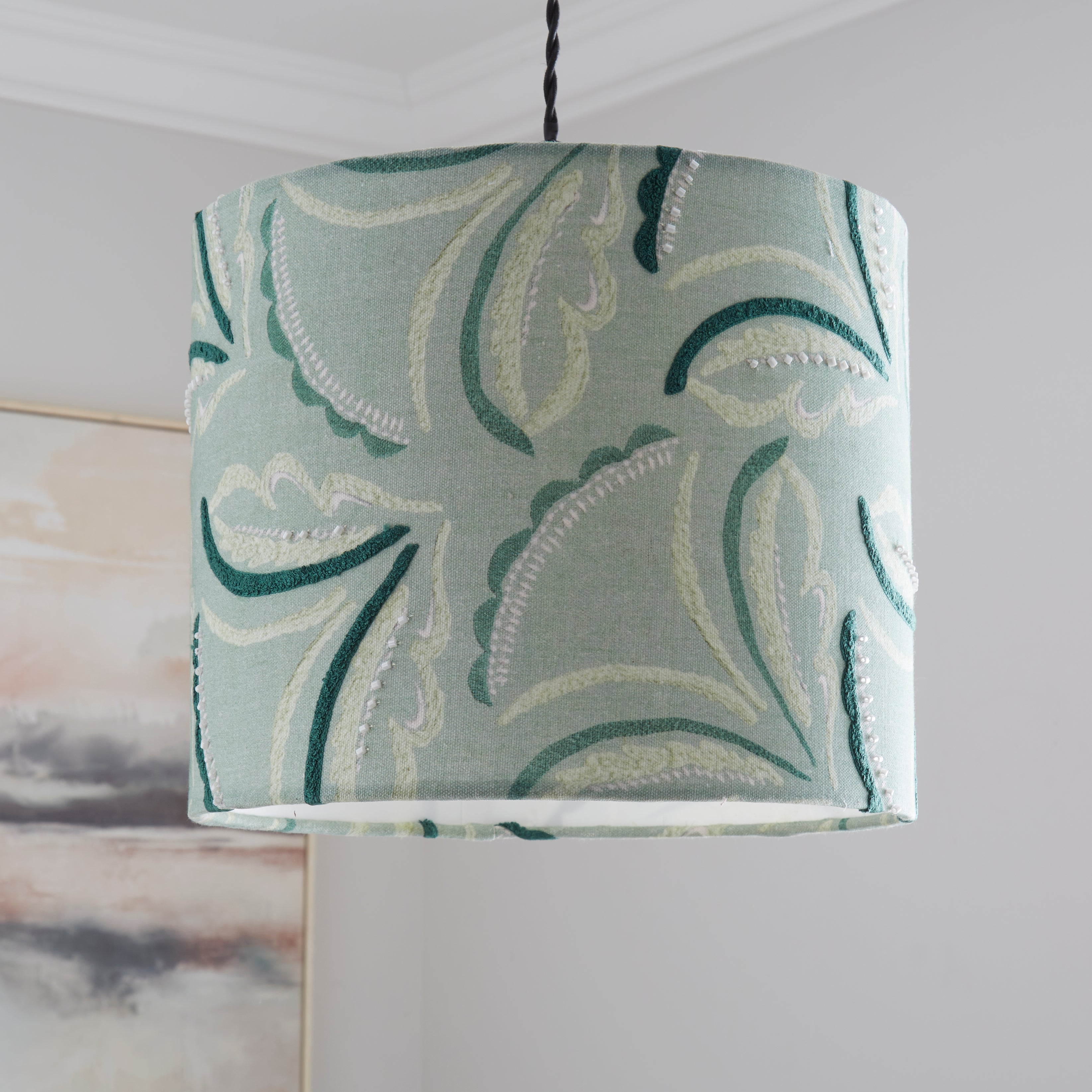 Green Leaf Embroidered Drum Lamp Shade Sage Green