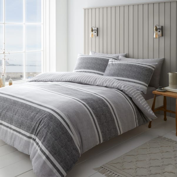 Catherine Lansfield Textured Banded Stripe Reversible Grey Duvet Cover & Pillowcase Set image 1 of 4