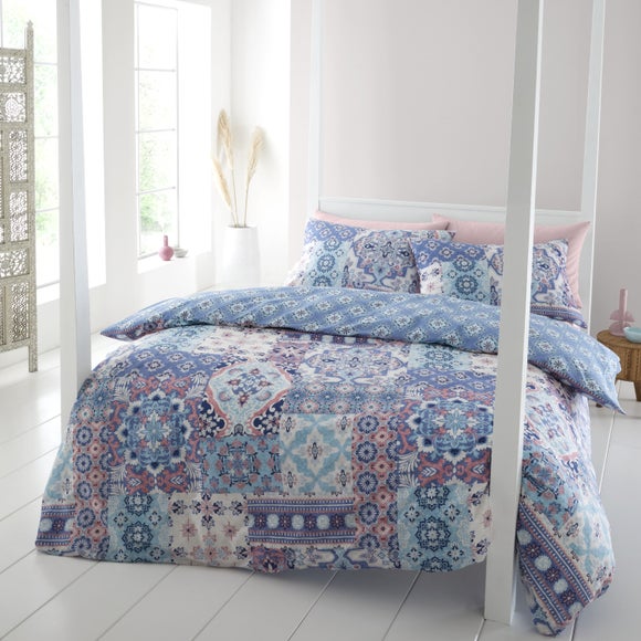 Catherine Lansfield Boho Patchwork Reversible Blue Duvet Cover Pillowcase Set