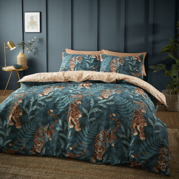 Catherine Lansfield Tropic Tiger Leaf Reversible Green Duvet Cover & Pillowcase Set image 1 of 4