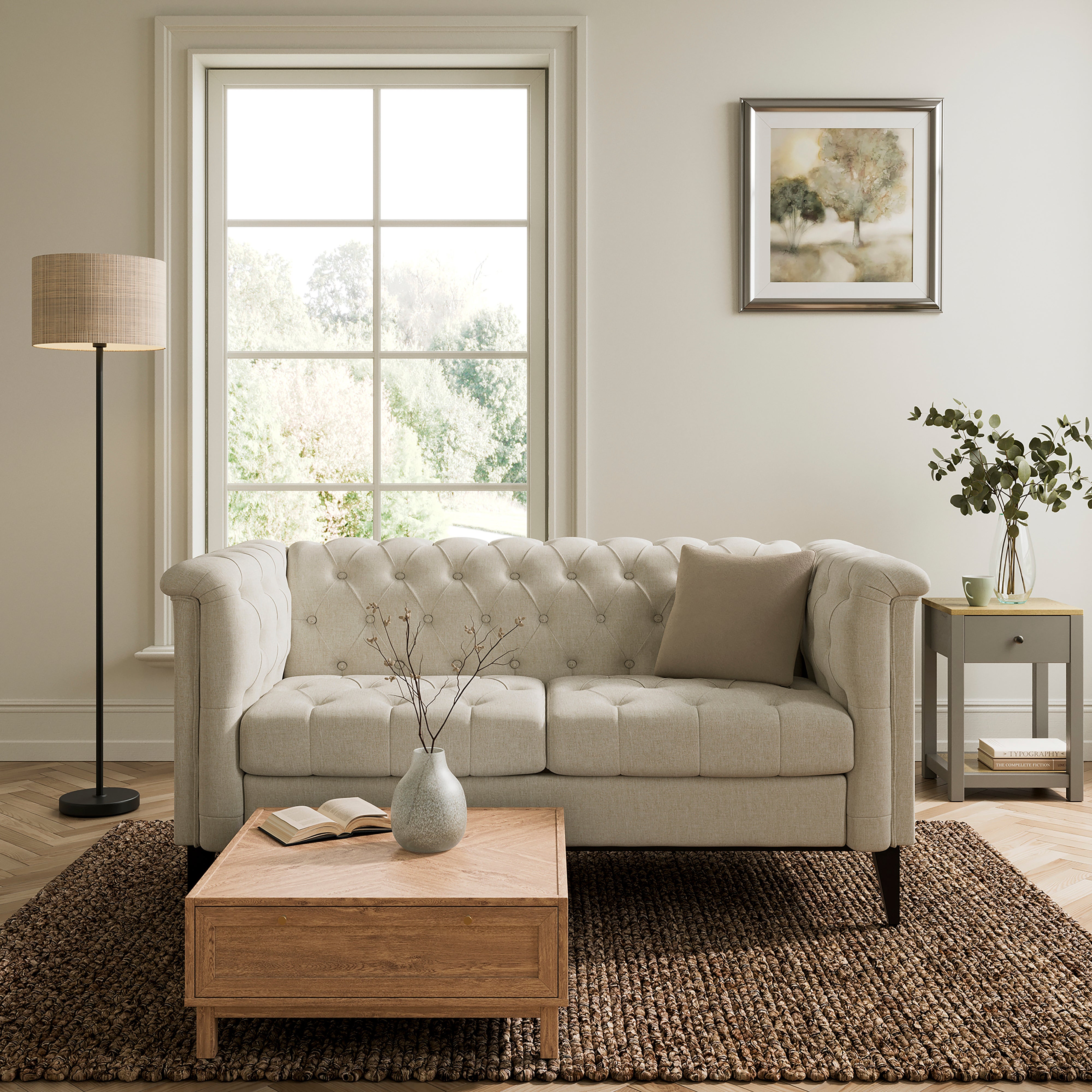 Nellie Faux Linen Buttoned 2 Seater Sofa