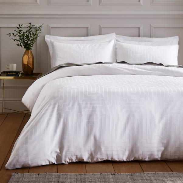 Bianca Satin Geo Jacquard 100% Cotton White Duvet Cover & Pillowcase Set image 1 of 4