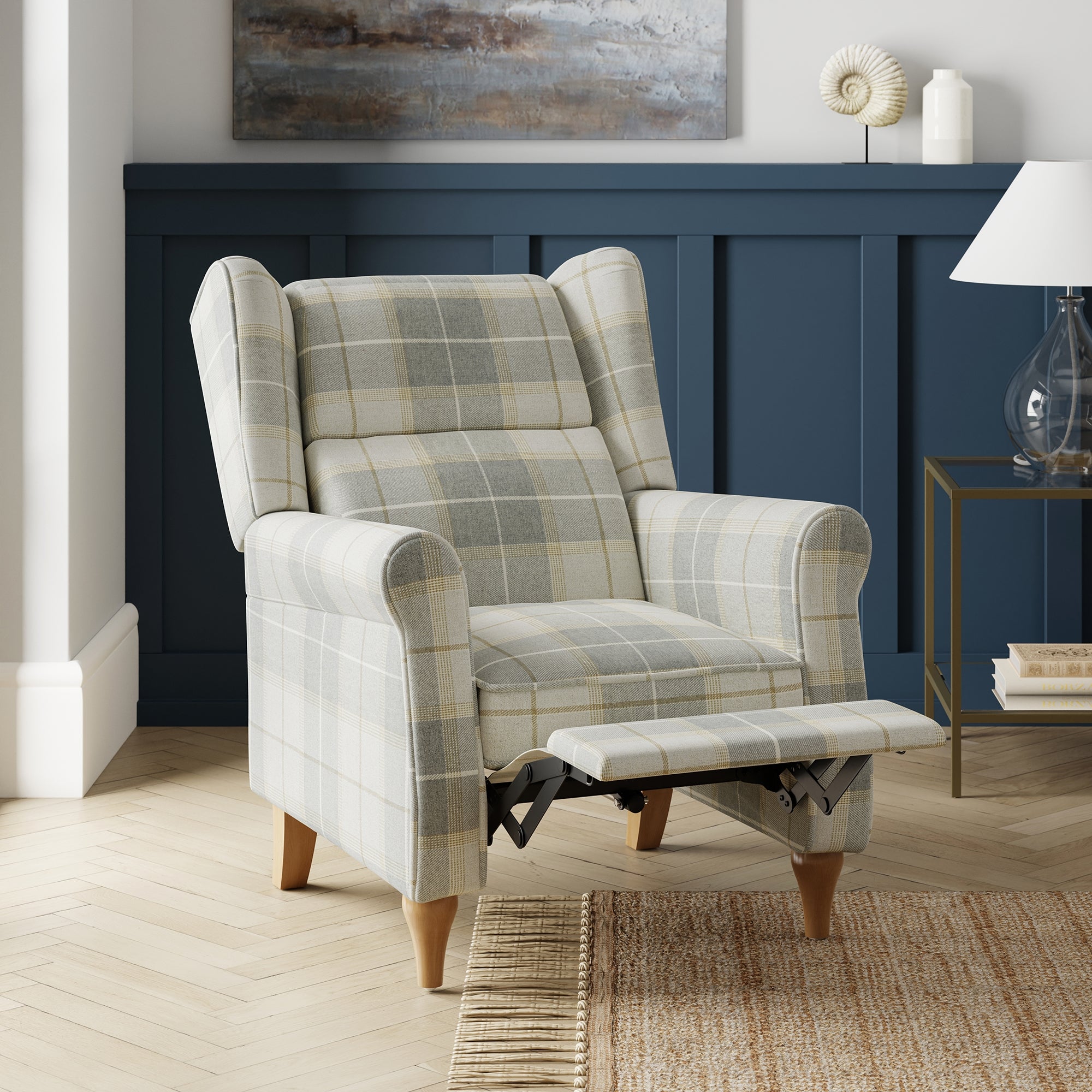 Oswald Padded Pushback Check Armchair Grey