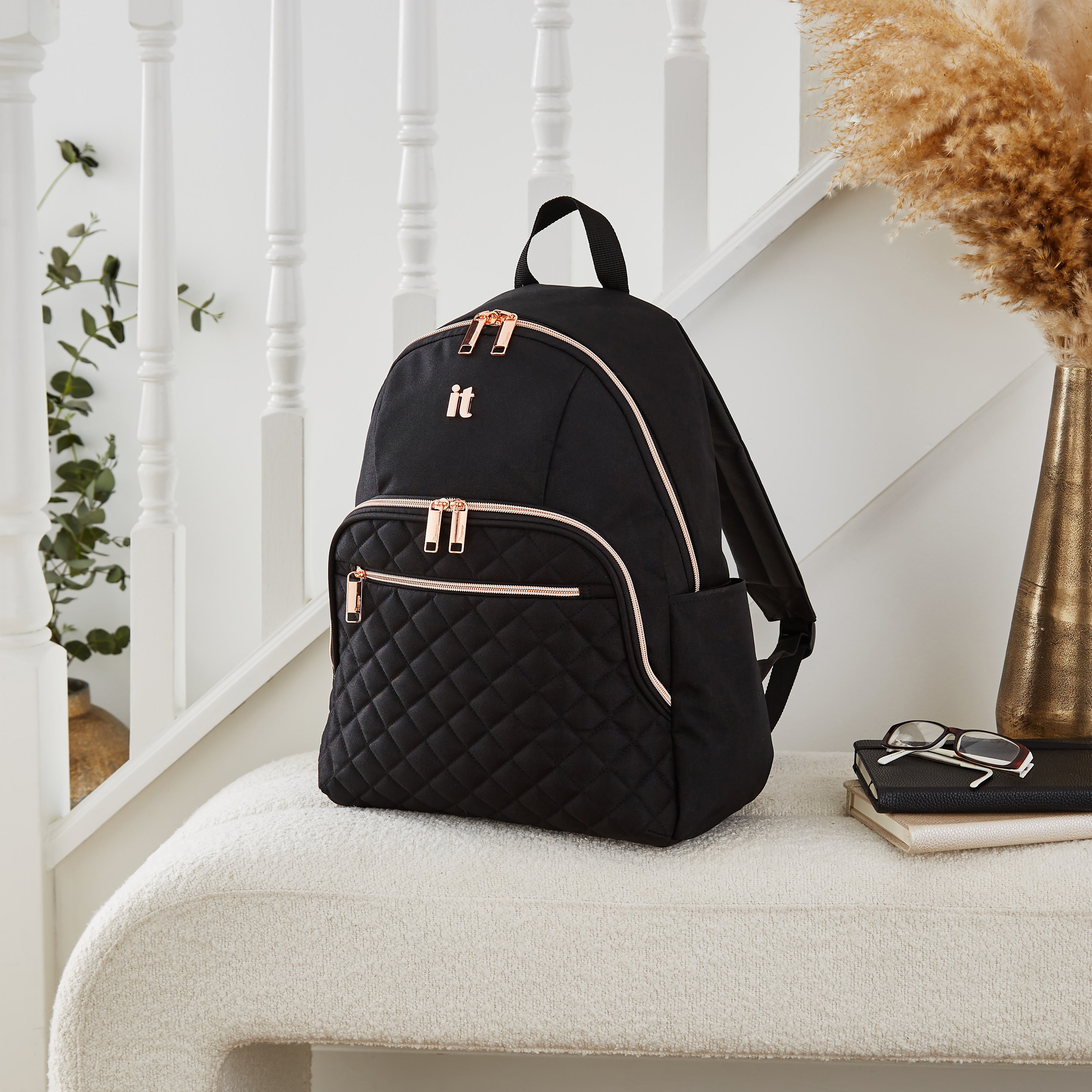 IT Luggage Divinity Quilted Black & Rose Gold Backpack