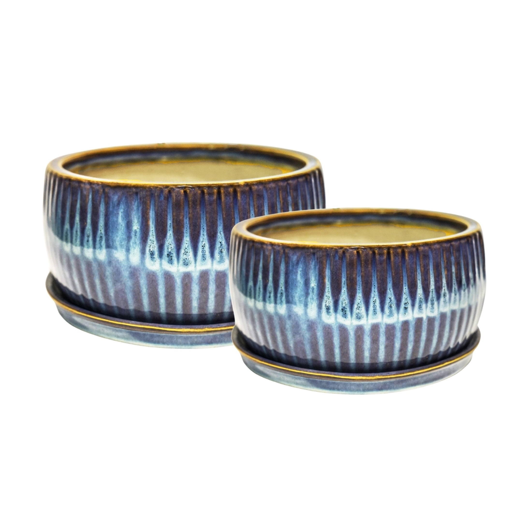 Set Of 2 Round Reactive Glaze Bonsai Plant Pots Sapphire