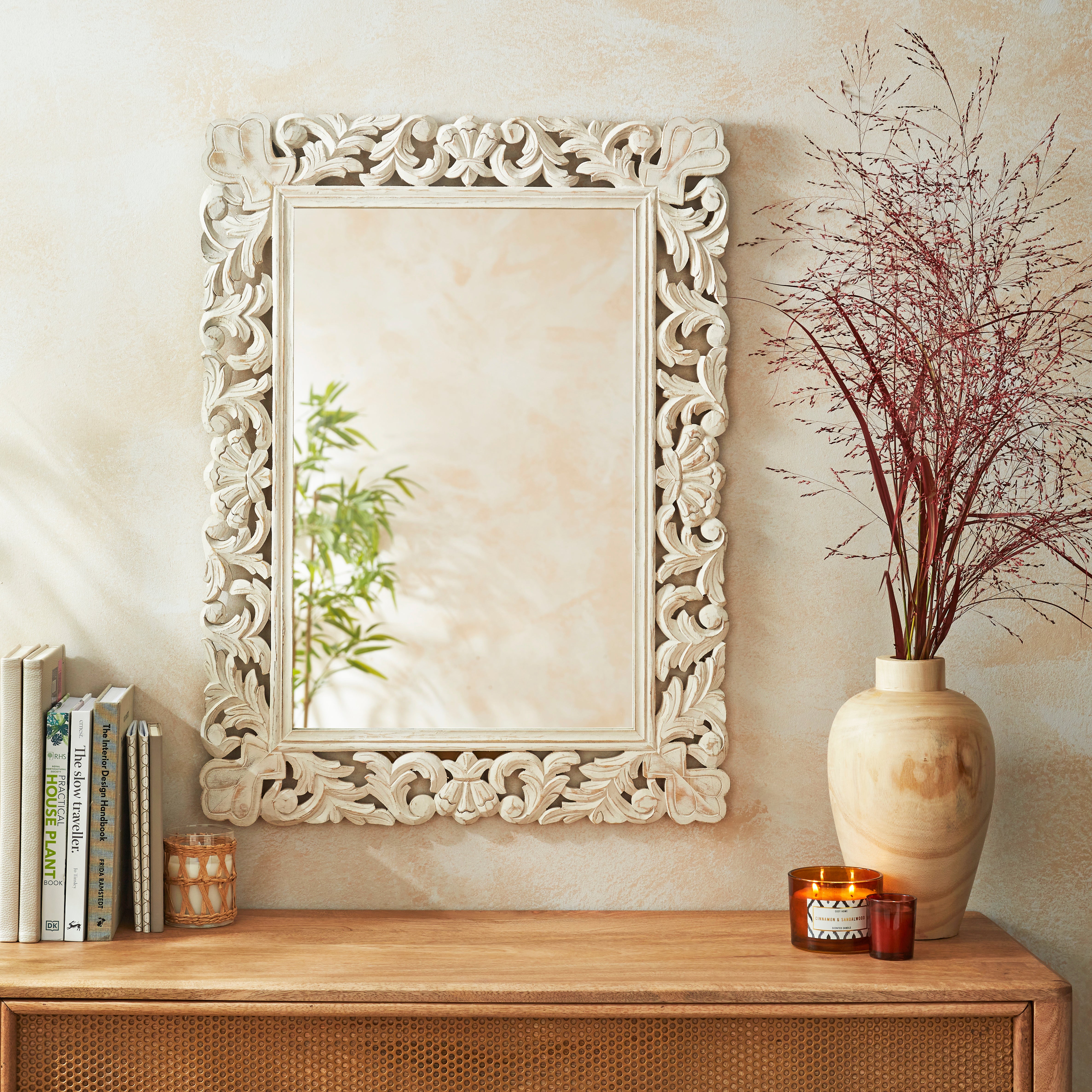 Carved Wood Rectangle Overmantel Wall Mirror