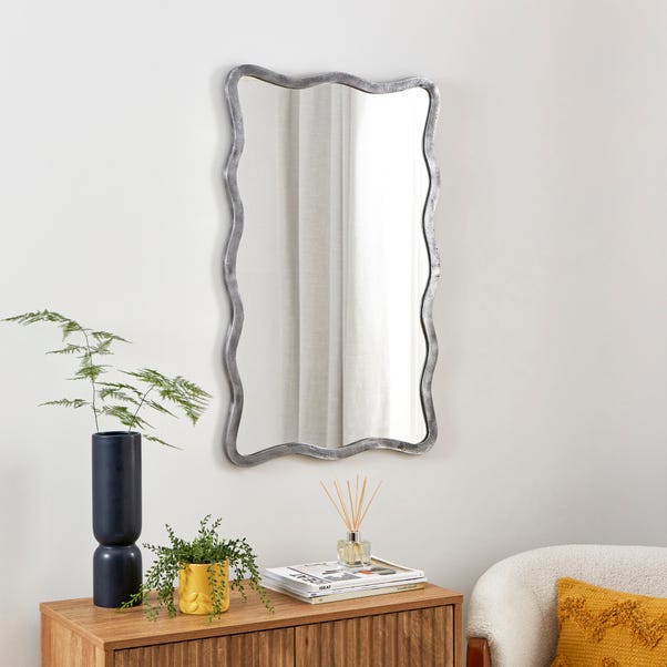 Pewter Metal Wavy Rectangle Overmantel Wall Mirror image 1 of 3