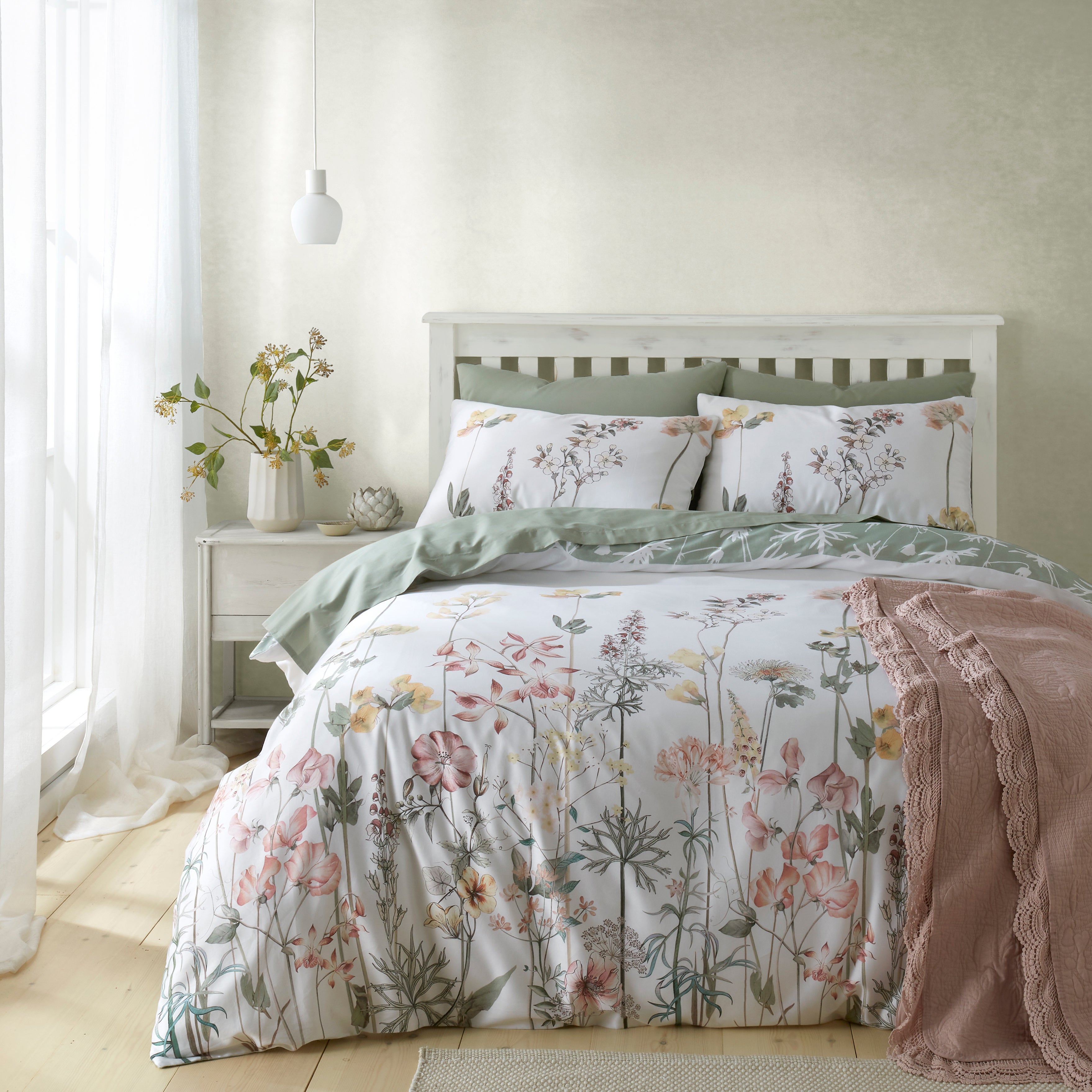 Camellia Floral Duvet Cover Pillowcase Set Whitegreenpink