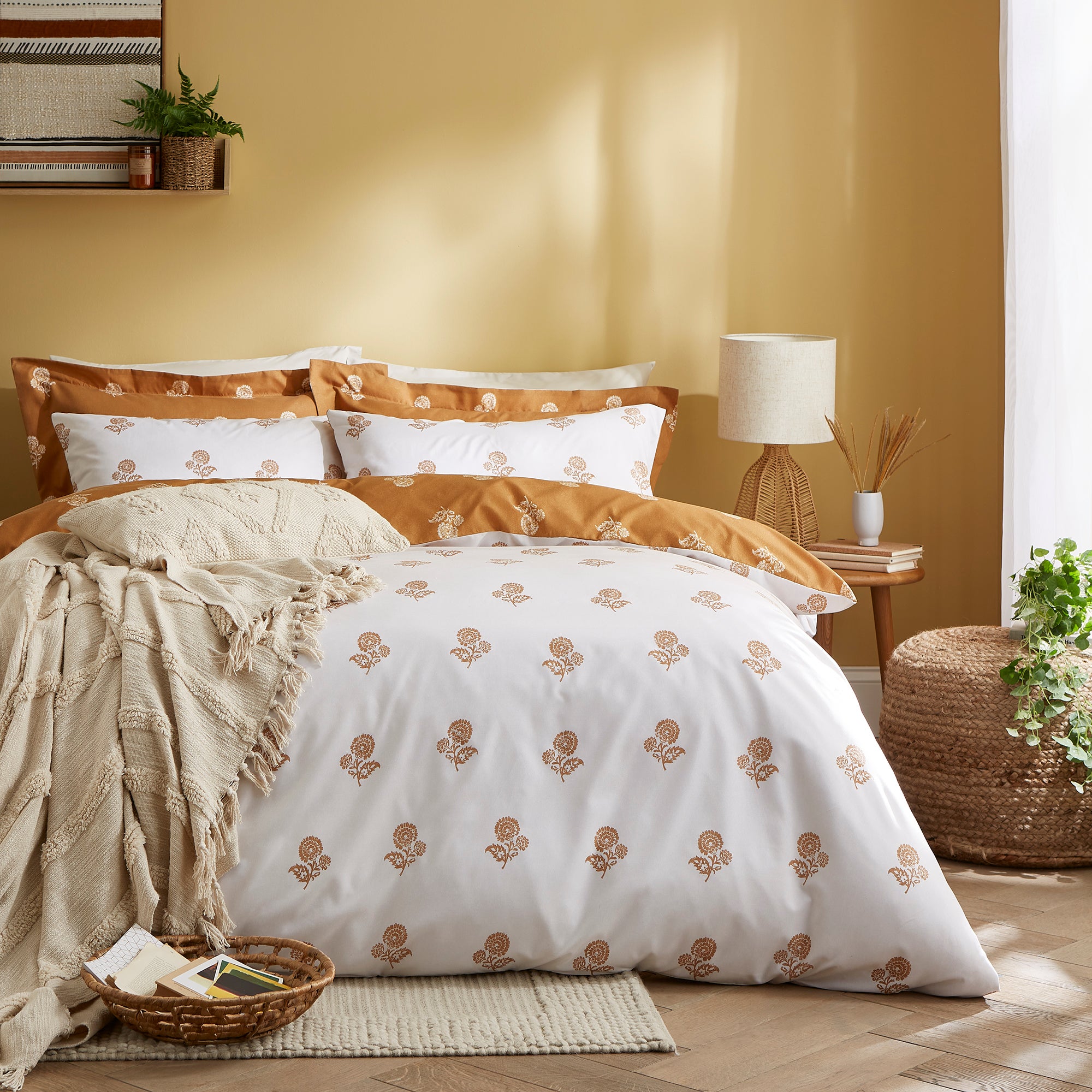 Amal Floral Duvet Cover Pillowcase Set Ochre