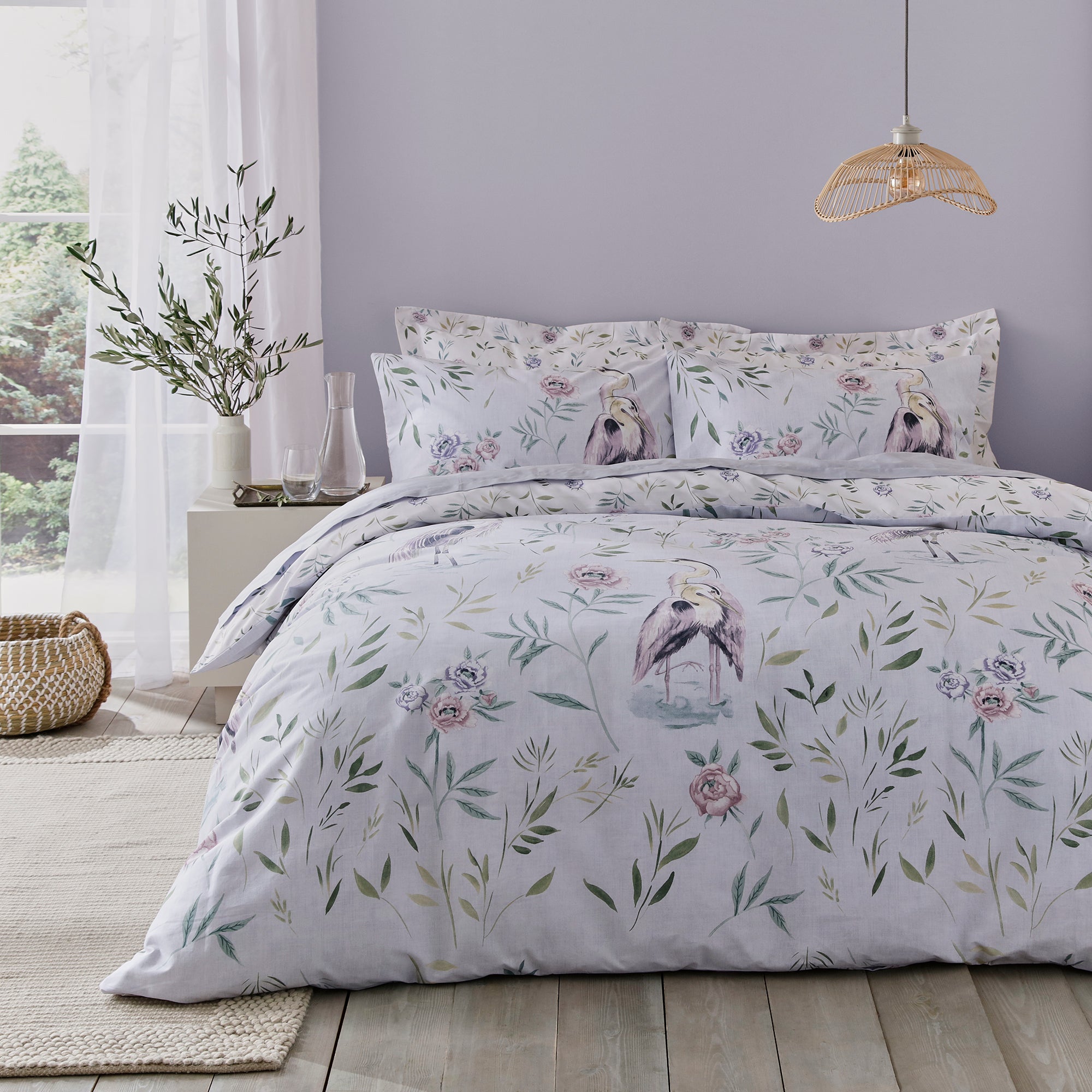 Garden Heron Duvet Cover Pillowcase Set Purple