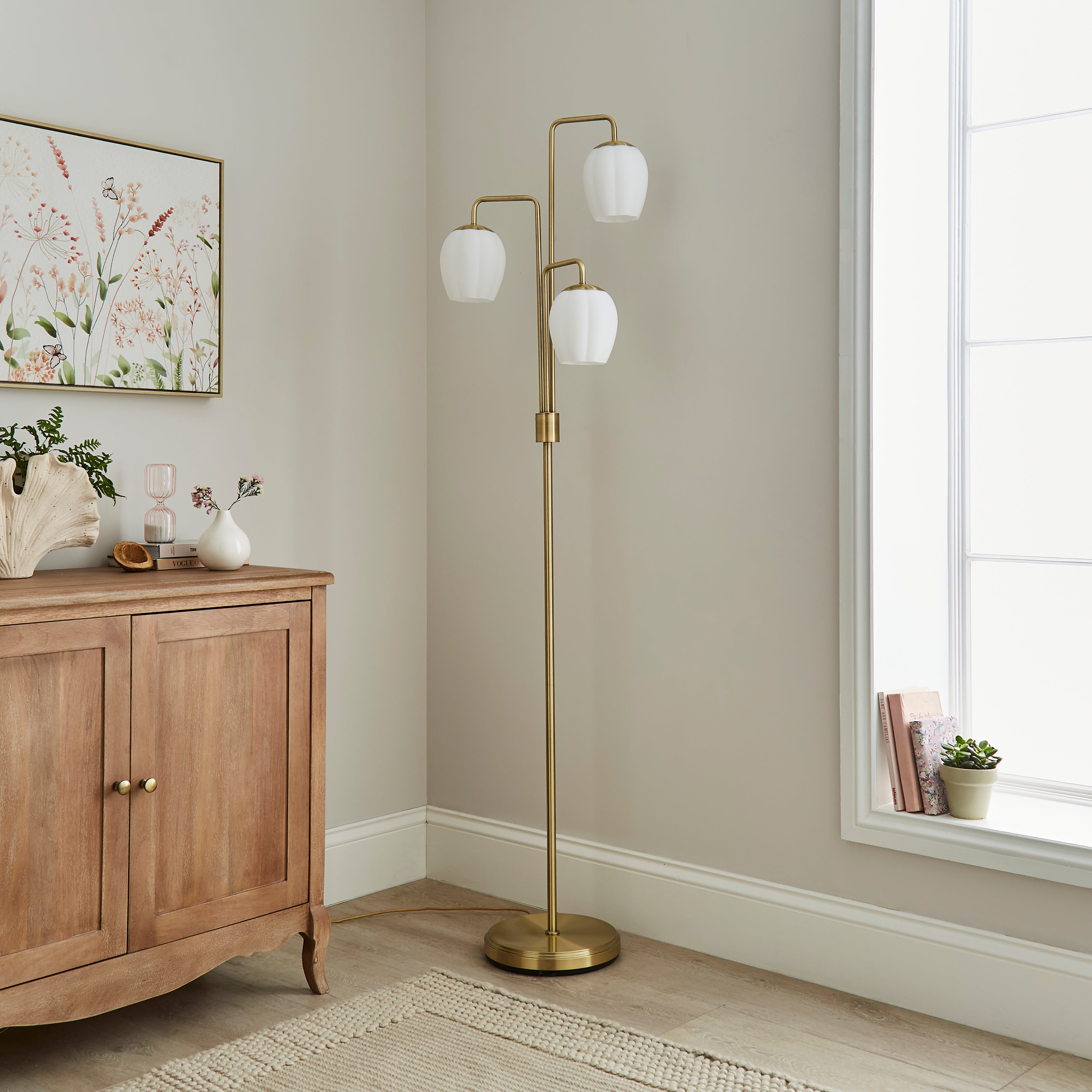 Frosted Tulip 3 Light Ribbed Glass Adjustable Floor Lamp Gold