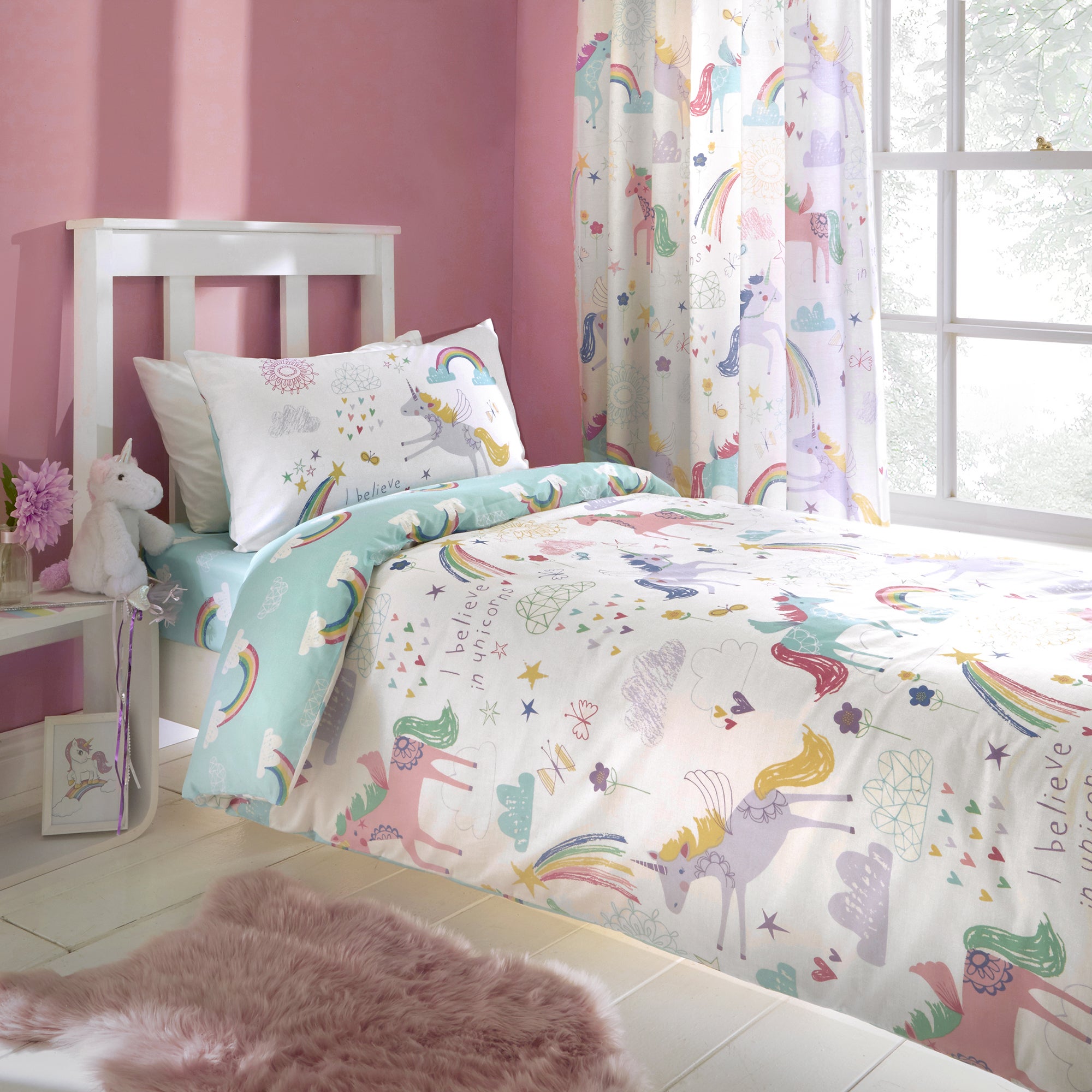 Photos - Bed Linen Rainbow Unicorn Duvet Cover & Pillowcase Set MultiColoured 