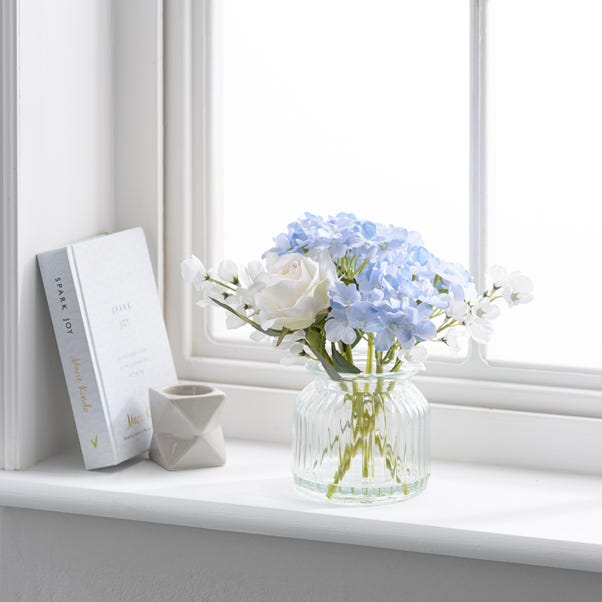 Artificial Hydrangea and Rose Bouquet in Ribbed Glass Vase image 1 of 4