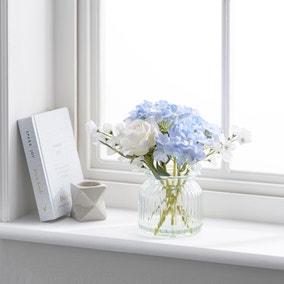 Artificial Hydrangea and Rose Bouquet in Ribbed Glass Vase