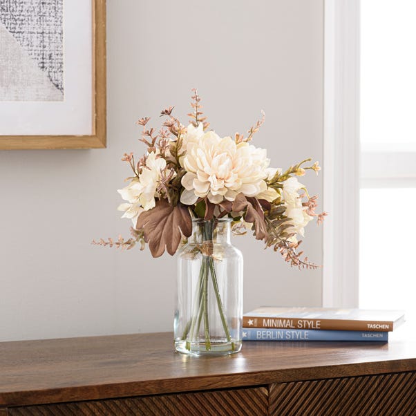 Artificial Dried Dahlia and Foliage Bouquet in Glass Vase image 1 of 4