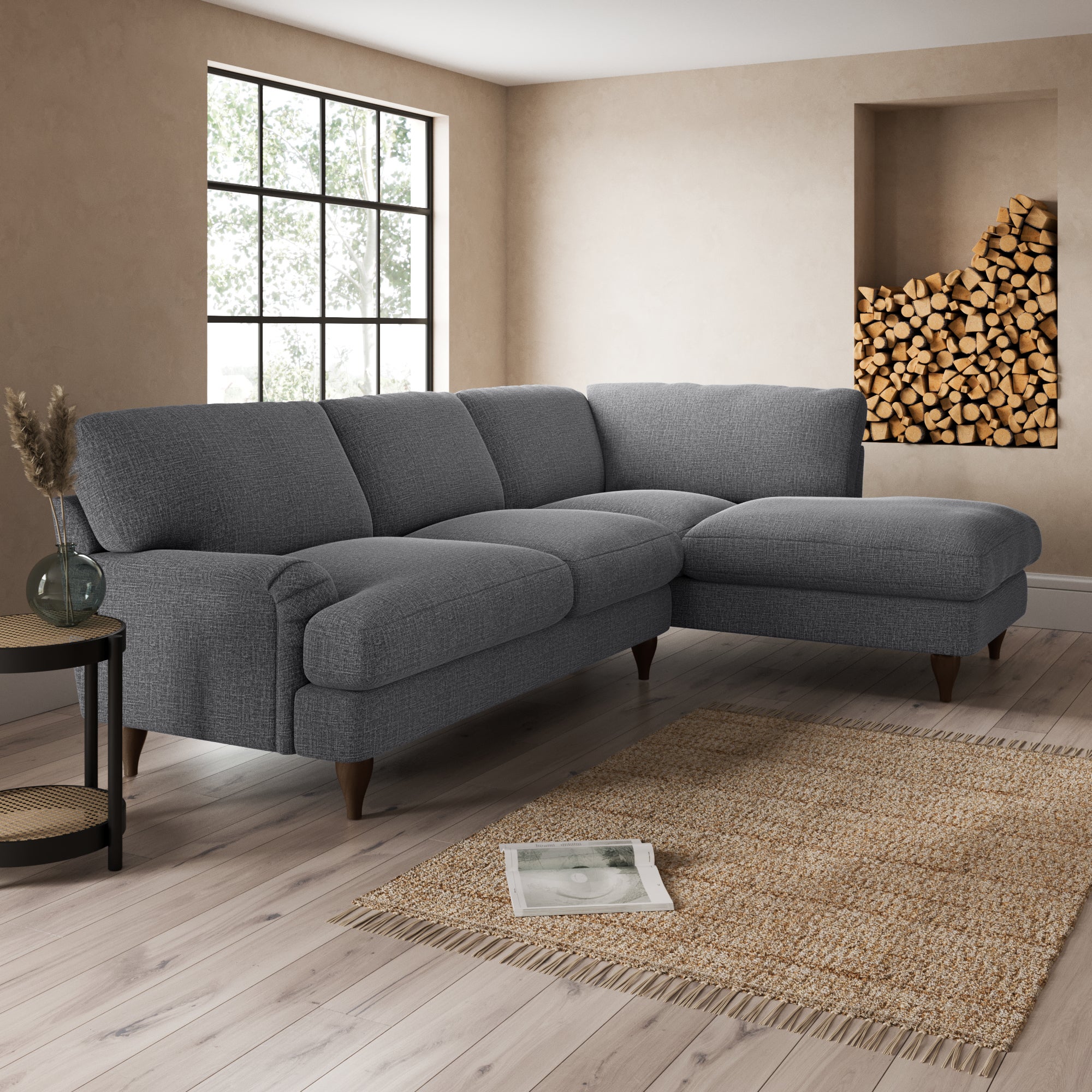 Darwin Corner Chaise Sofa Slub Cotton Blend Black