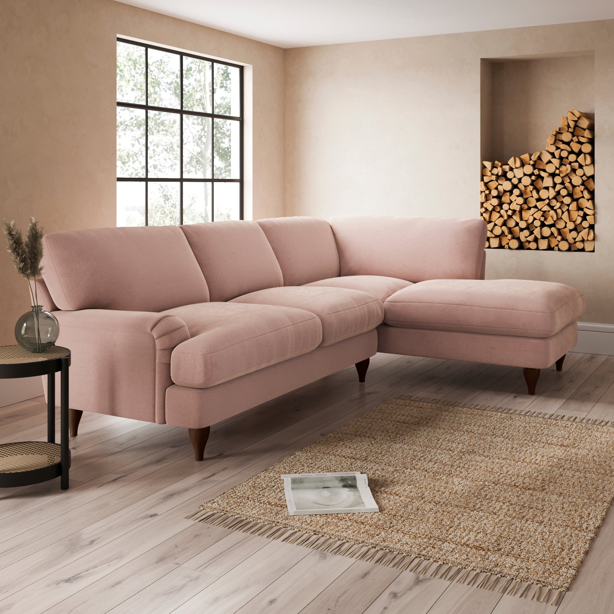 Darwin Corner Chaise Sofa Luxury Velvet Peach Blush