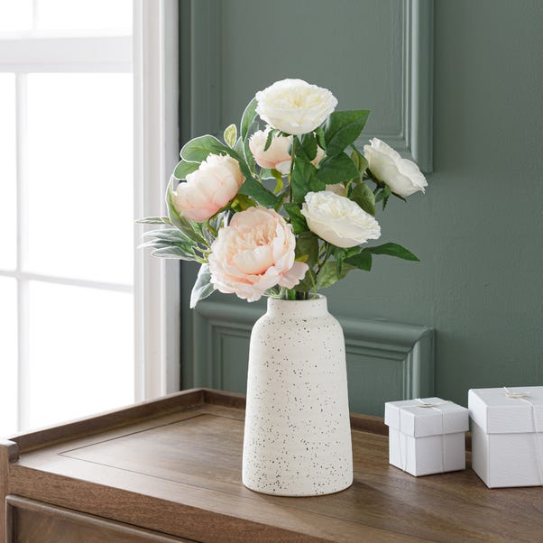 Artificial Peony and Rose Bouquet in Cream Ceramic Vase image 1 of 4