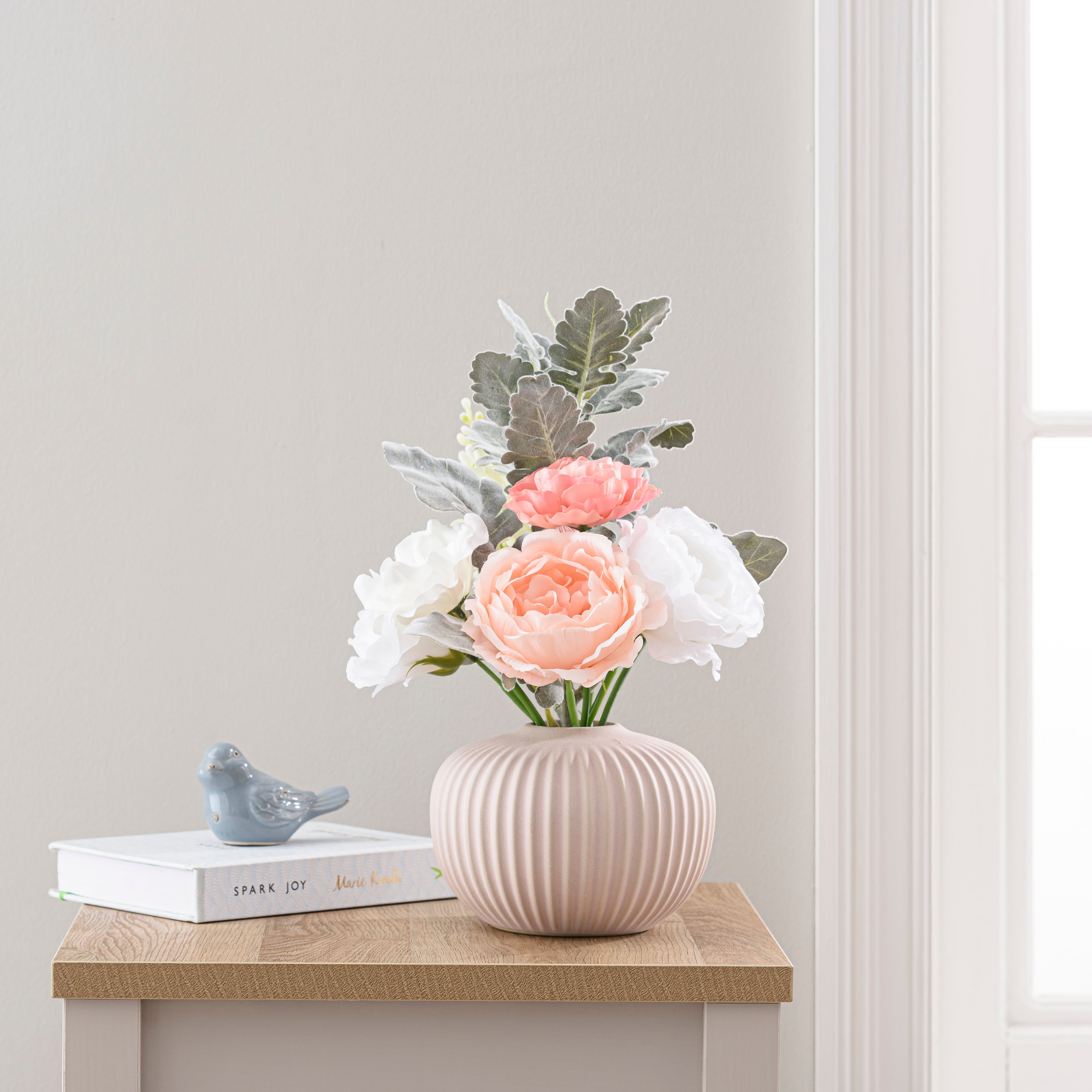 Artificial Pastel Bouquet in Ribbed Ceramic Vase