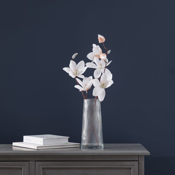 Artificial Magnolia Bouquet in Ribbed Glass Vase image 1 of 3