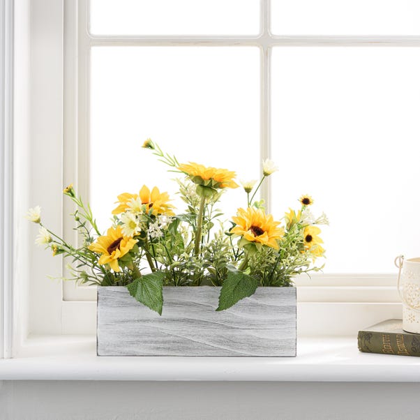 Artificial Sunflower Bouquet in Wooden Plant Pot image 1 of 4