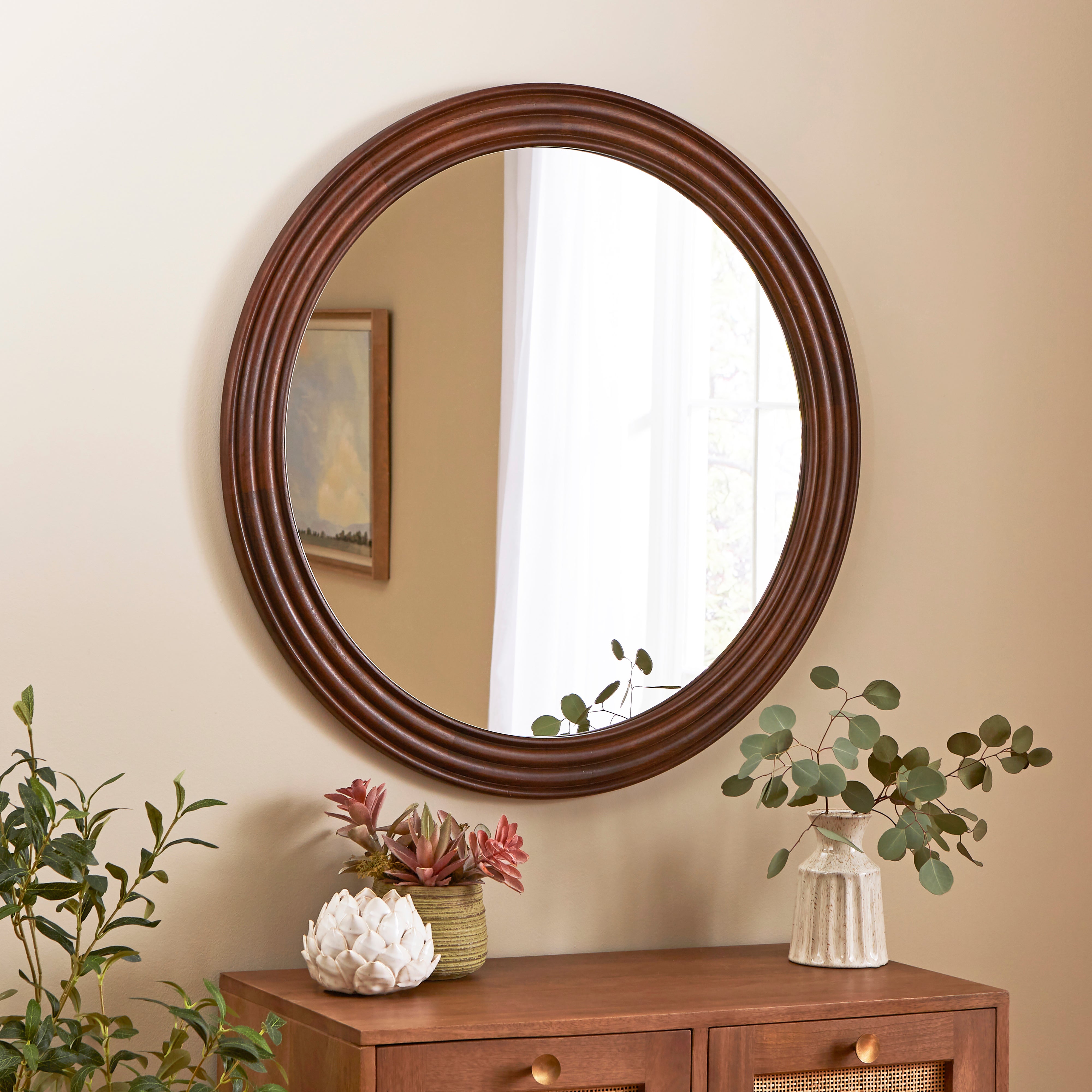 Heart And Soul Round Ribbed Wall Mirror Wood Brown