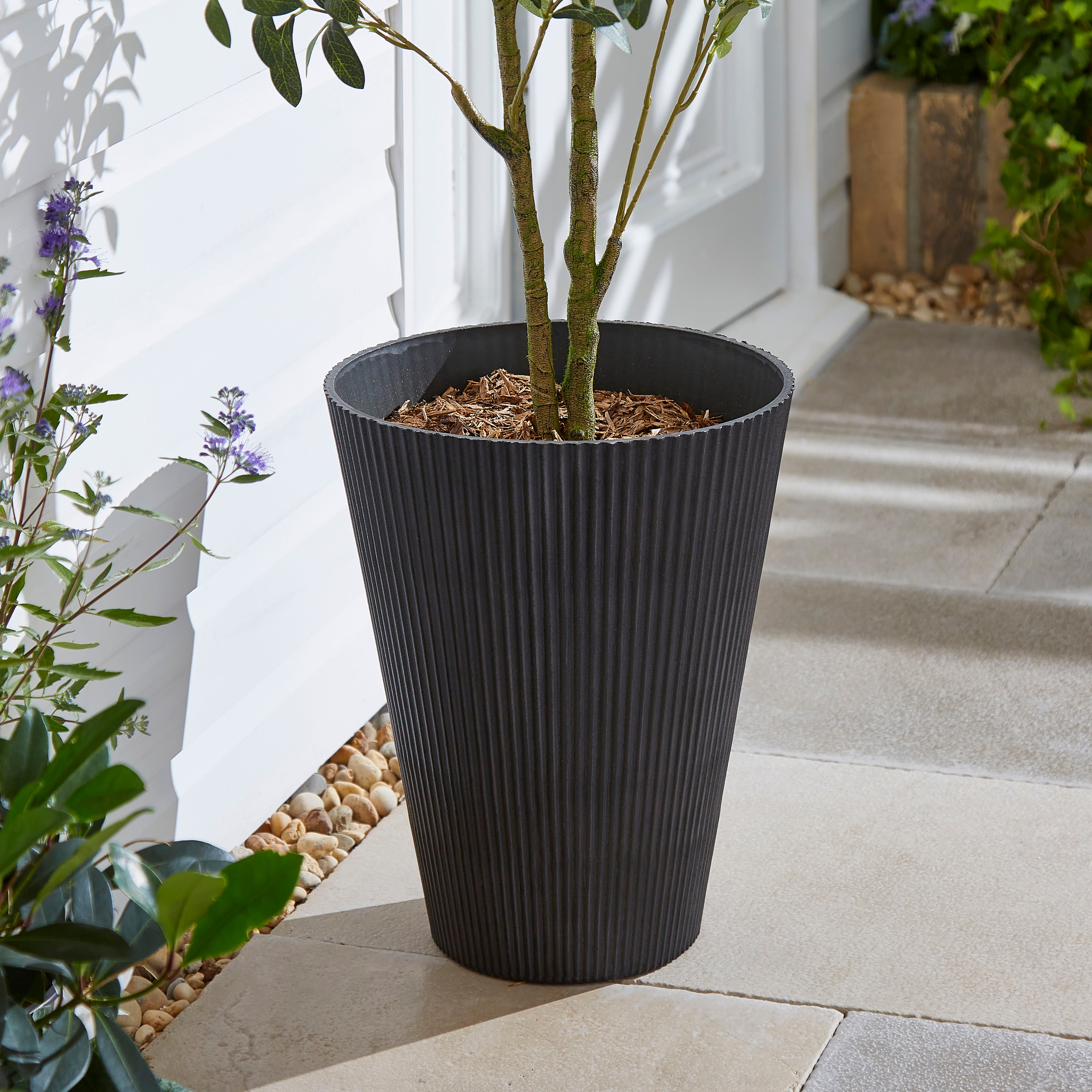 Black Vertical Ribbed Tapered Plant Pot