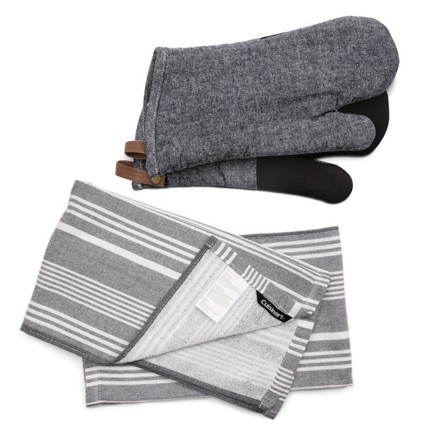 Cuisinart Set of 2 Grey Striped Tea Towels and Single Oven Gloves image 1 of 10