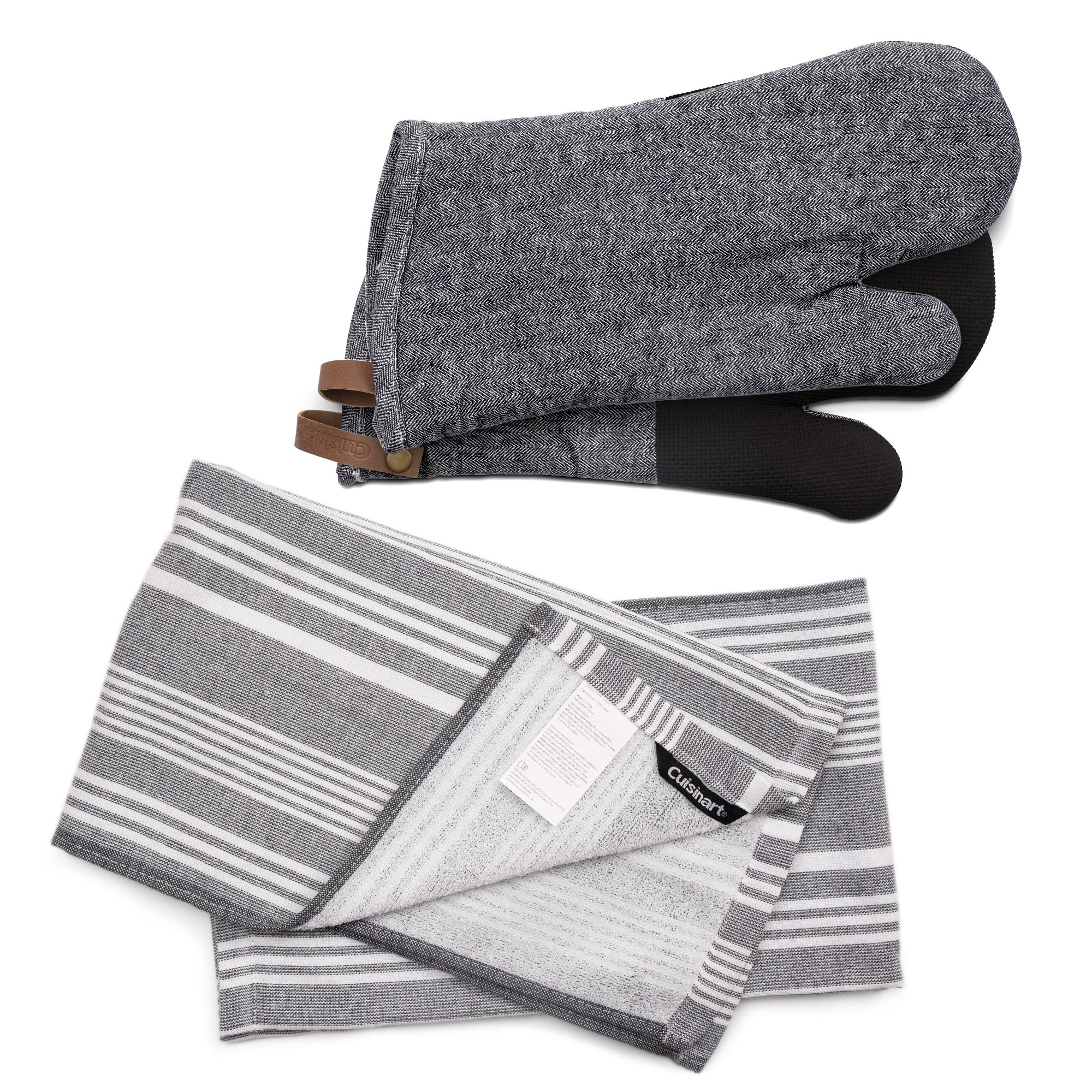 Cuisinart Set Of 2 Grey Striped Tea Towels And Single Oven Gloves Grey