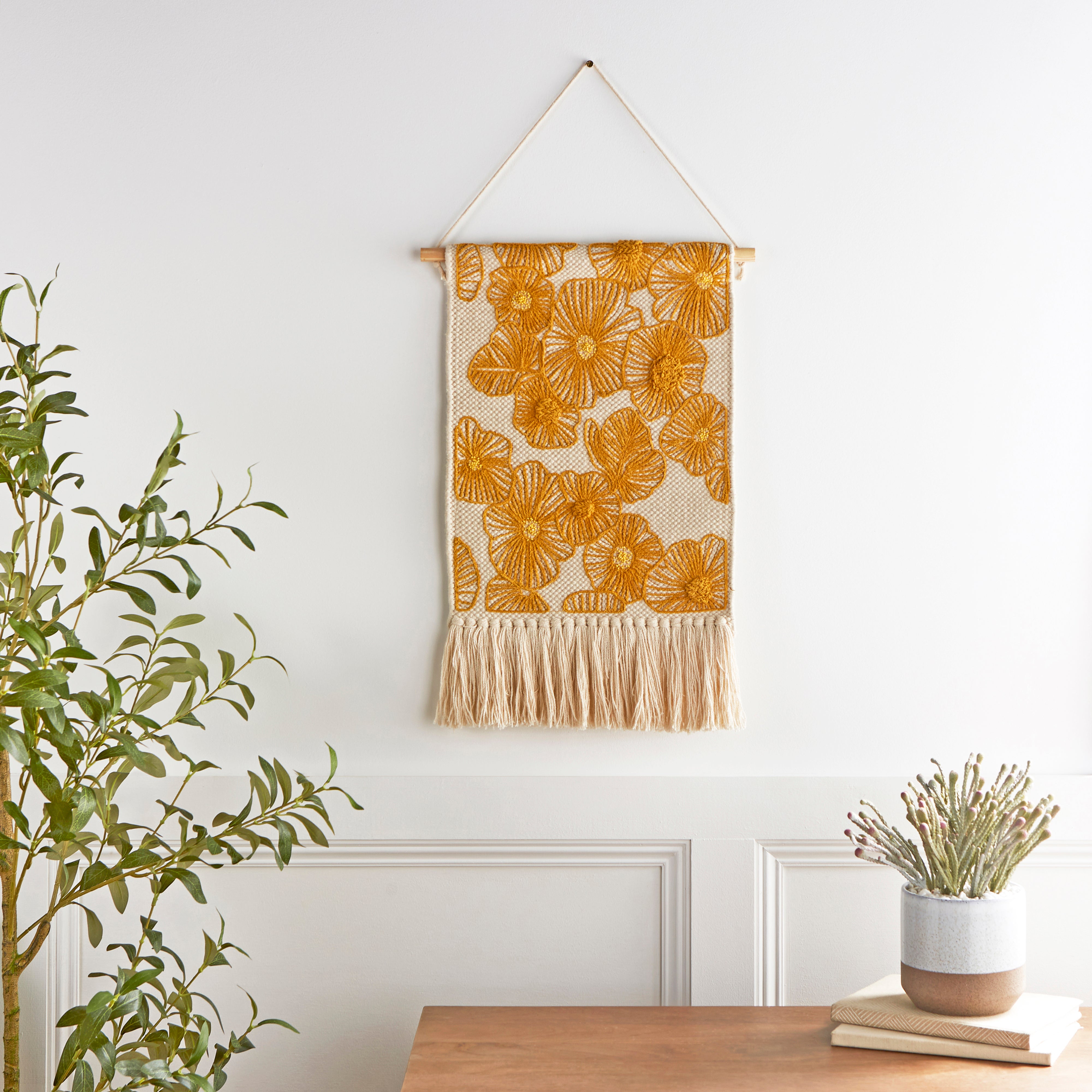 Embroidered Flower Ochre Wall Hanging