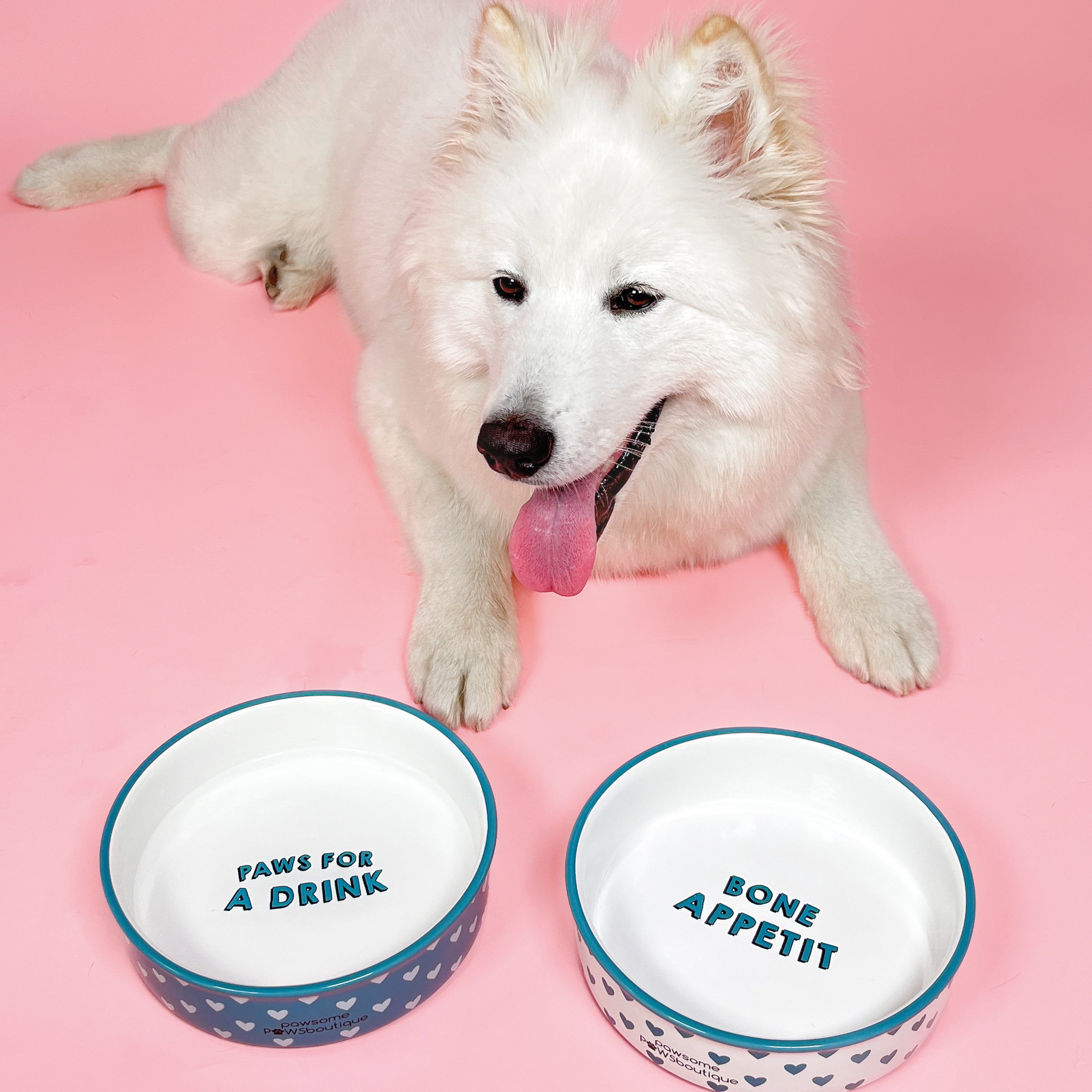 Set Of 2 Hearts Ceramic Pet Bowls Multicoloured